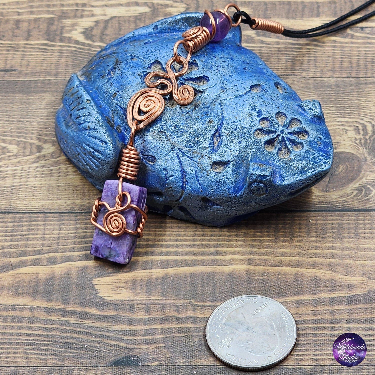 Charoite Wire Wrap Crystal Necklace, Copper Metaphysical Jewelry JN216