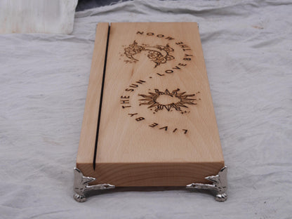 Engraved Beech Wood Tarot Card Holder: &amp;quot;Live By The Sun, Love By The Moon&amp;quot;