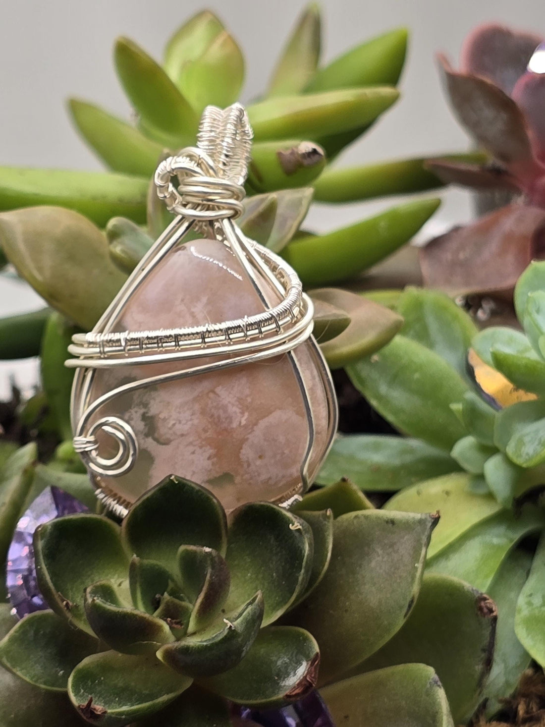 Hand-crafted Wire Wrapped Flower Agate Crystal Pendant