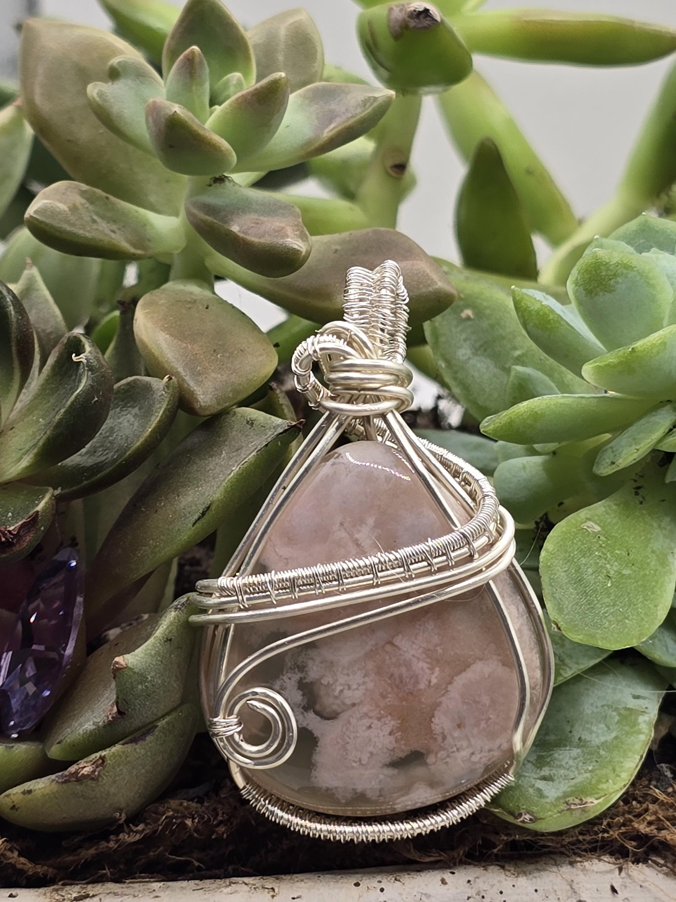 Hand-crafted Wire Wrapped Flower Agate Crystal Pendant