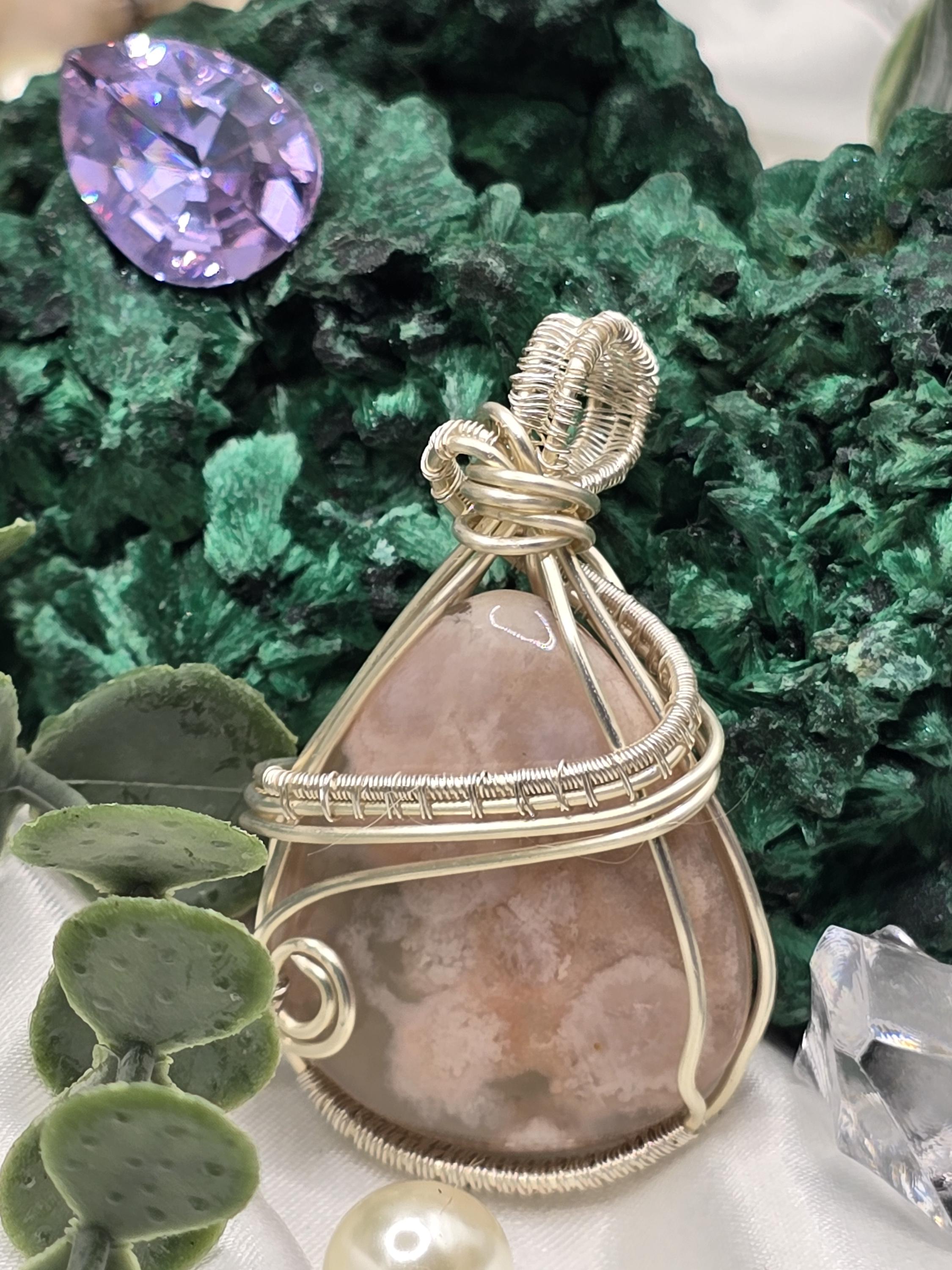 Hand-crafted Wire Wrapped Flower Agate Crystal Pendant
