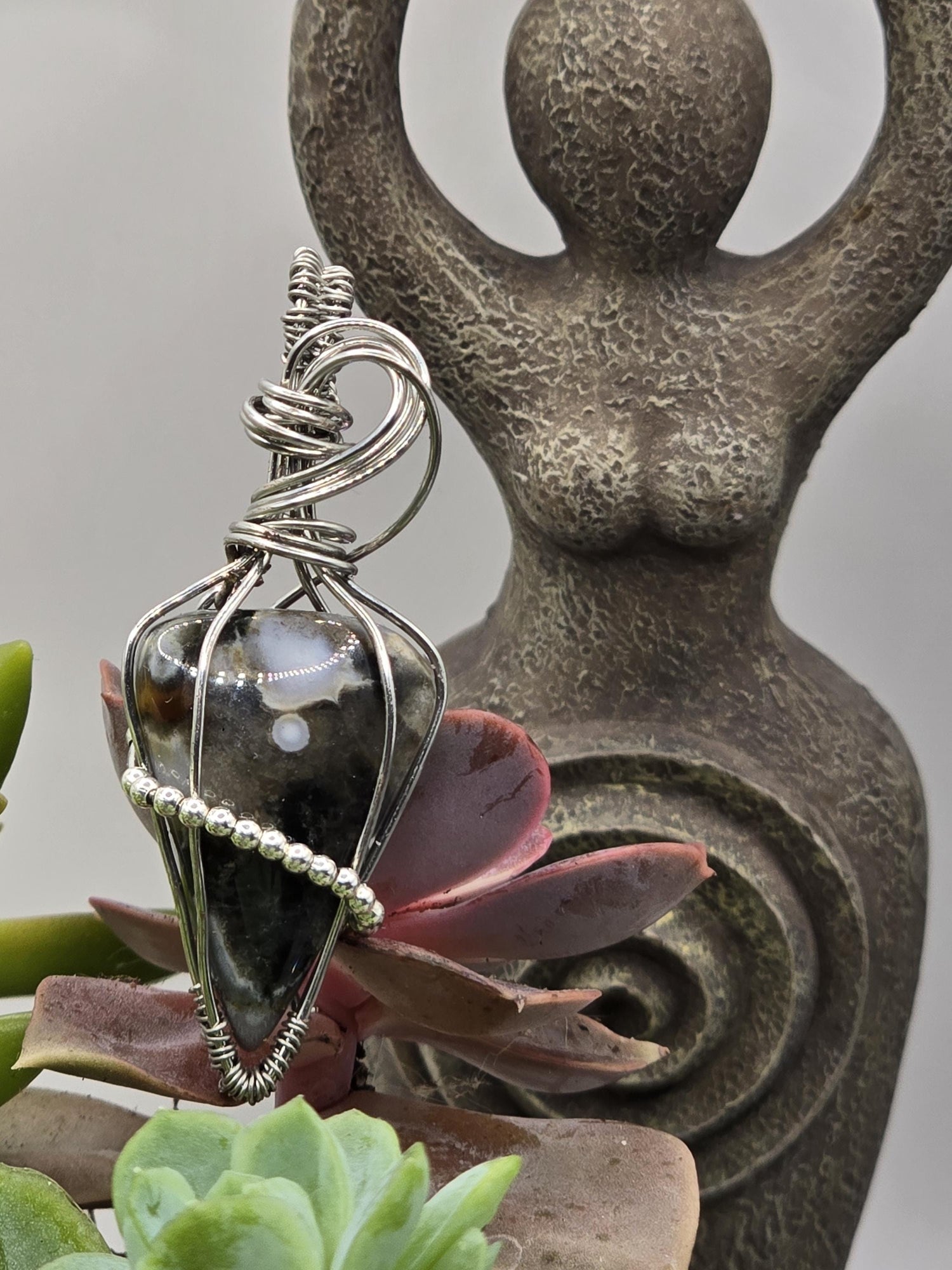 Hand-crafted Wire Wrapped Orbicular Ocean Jasper Crystal Pendant