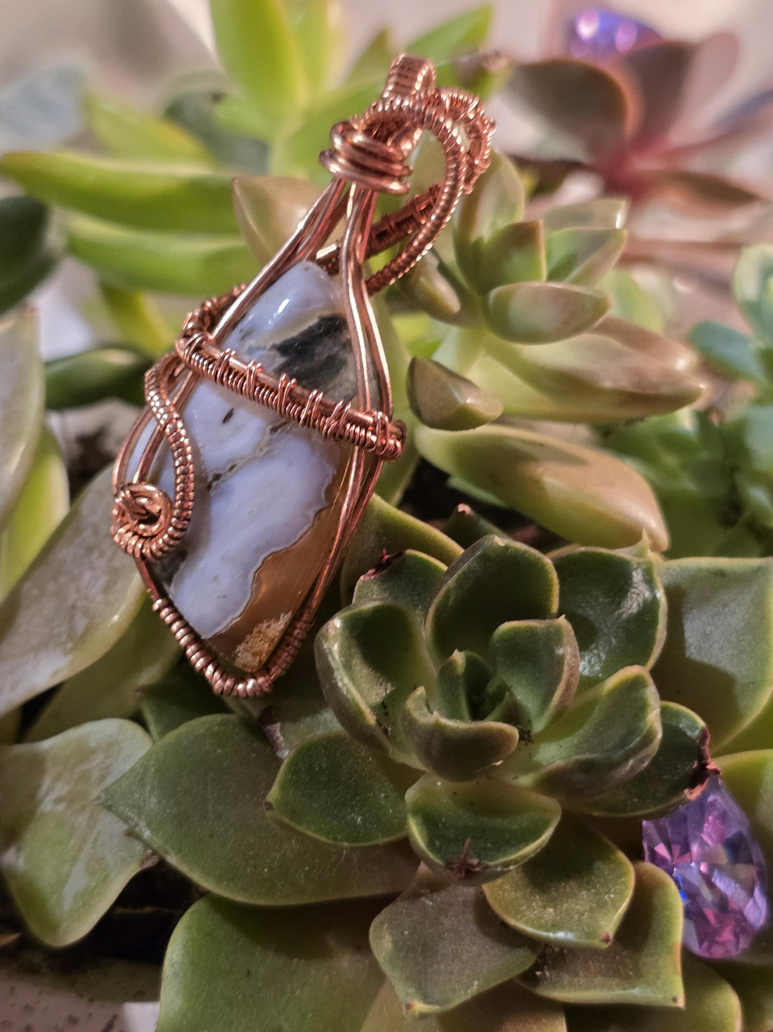 Hand-crafted Wire Wrapped Orbicular Ocean Jasper Crystal Pendant