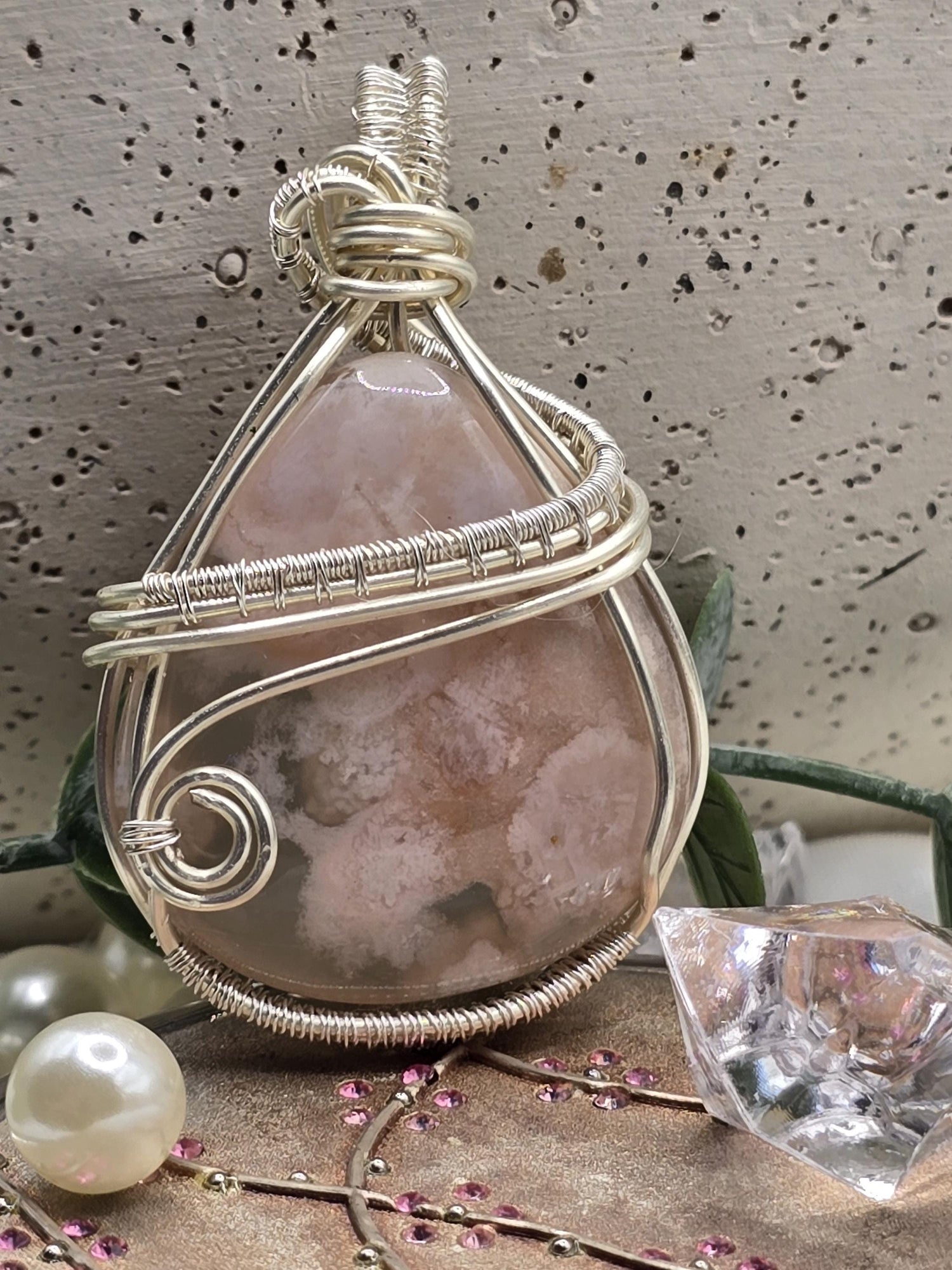 Hand-crafted Wire Wrapped Flower Agate Crystal Pendant