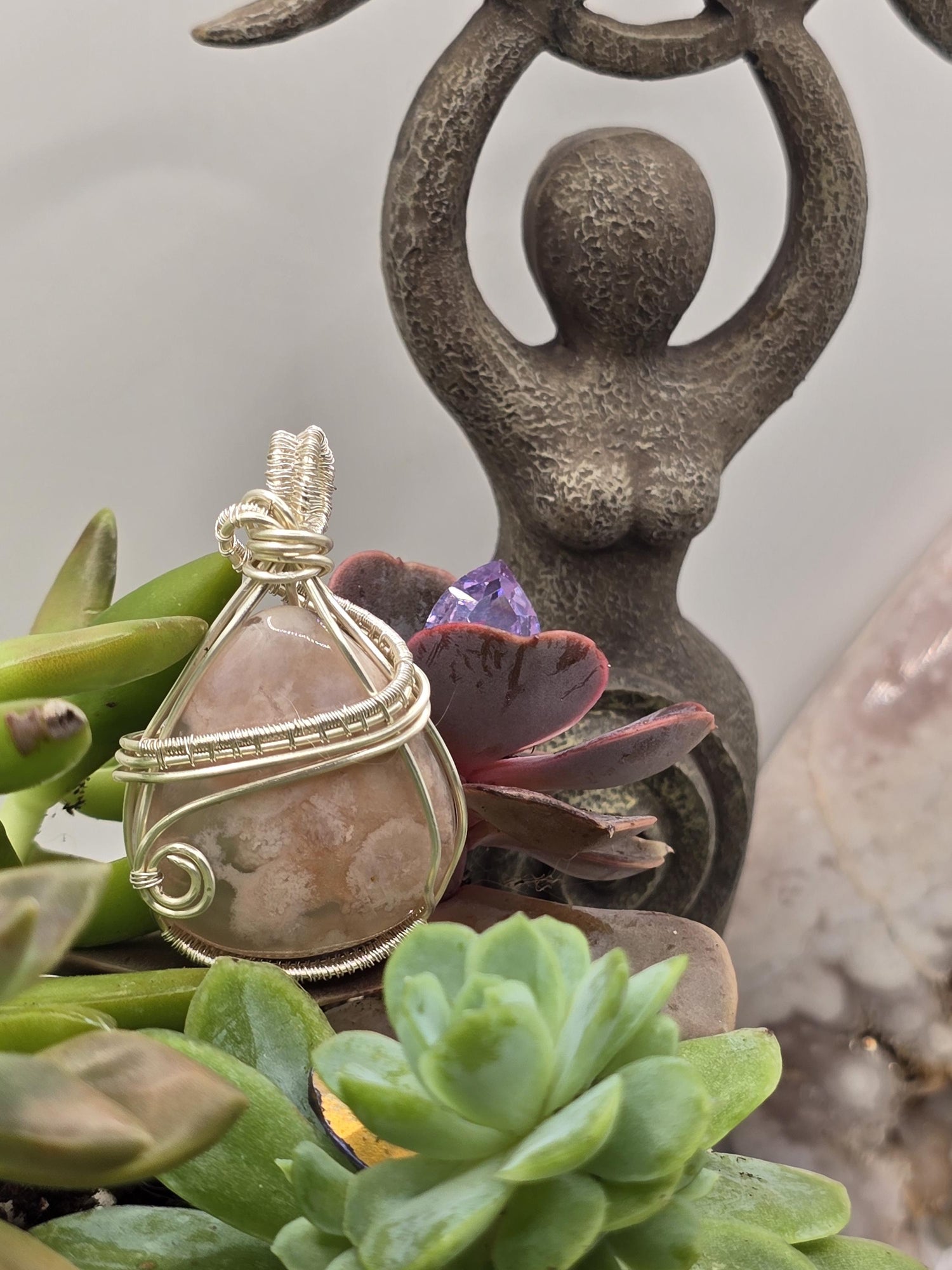 Hand-crafted Wire Wrapped Flower Agate Crystal Pendant