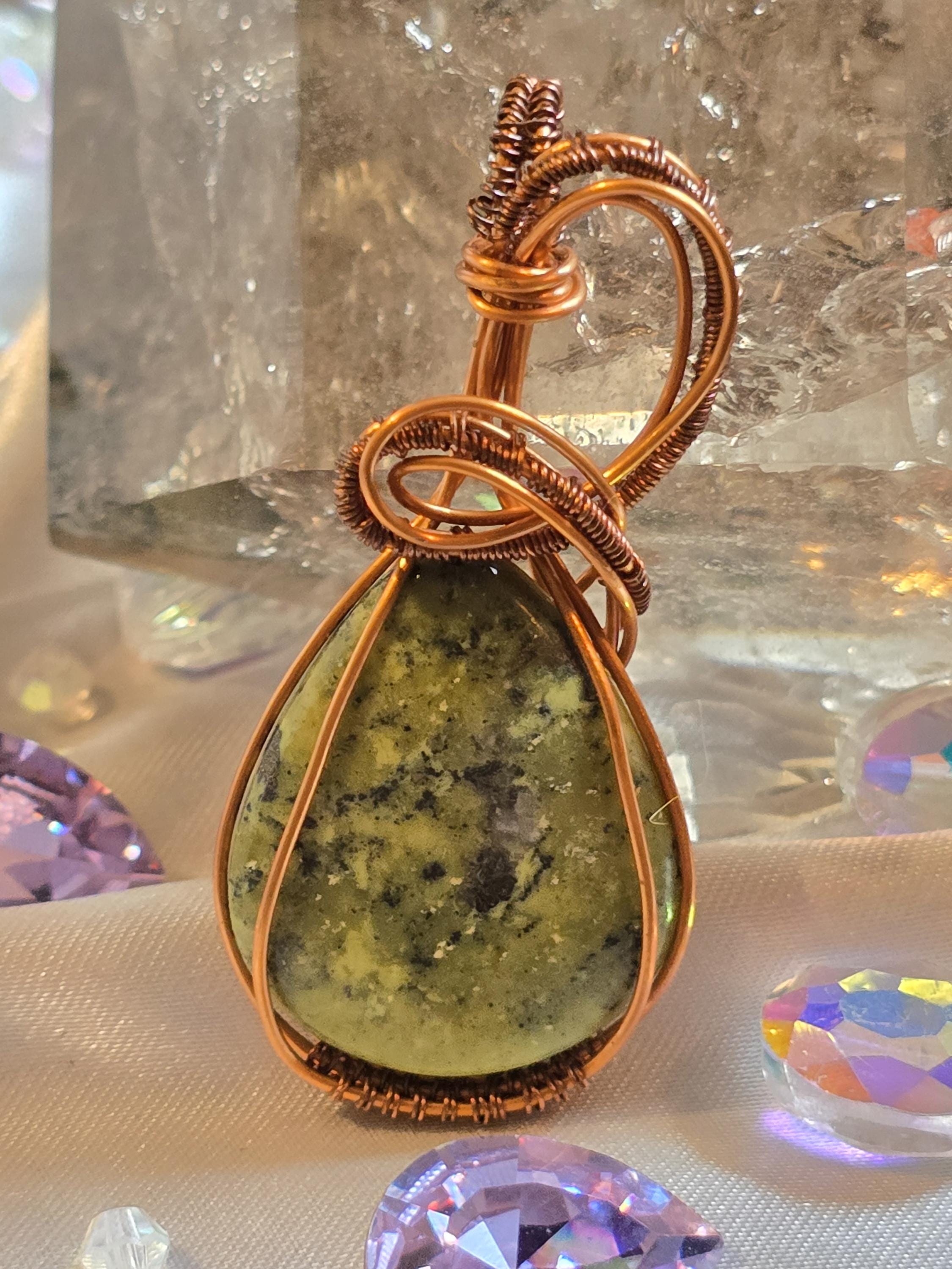 Hand-crafted Wire Wrapped Serpentine Crystal Pendant
