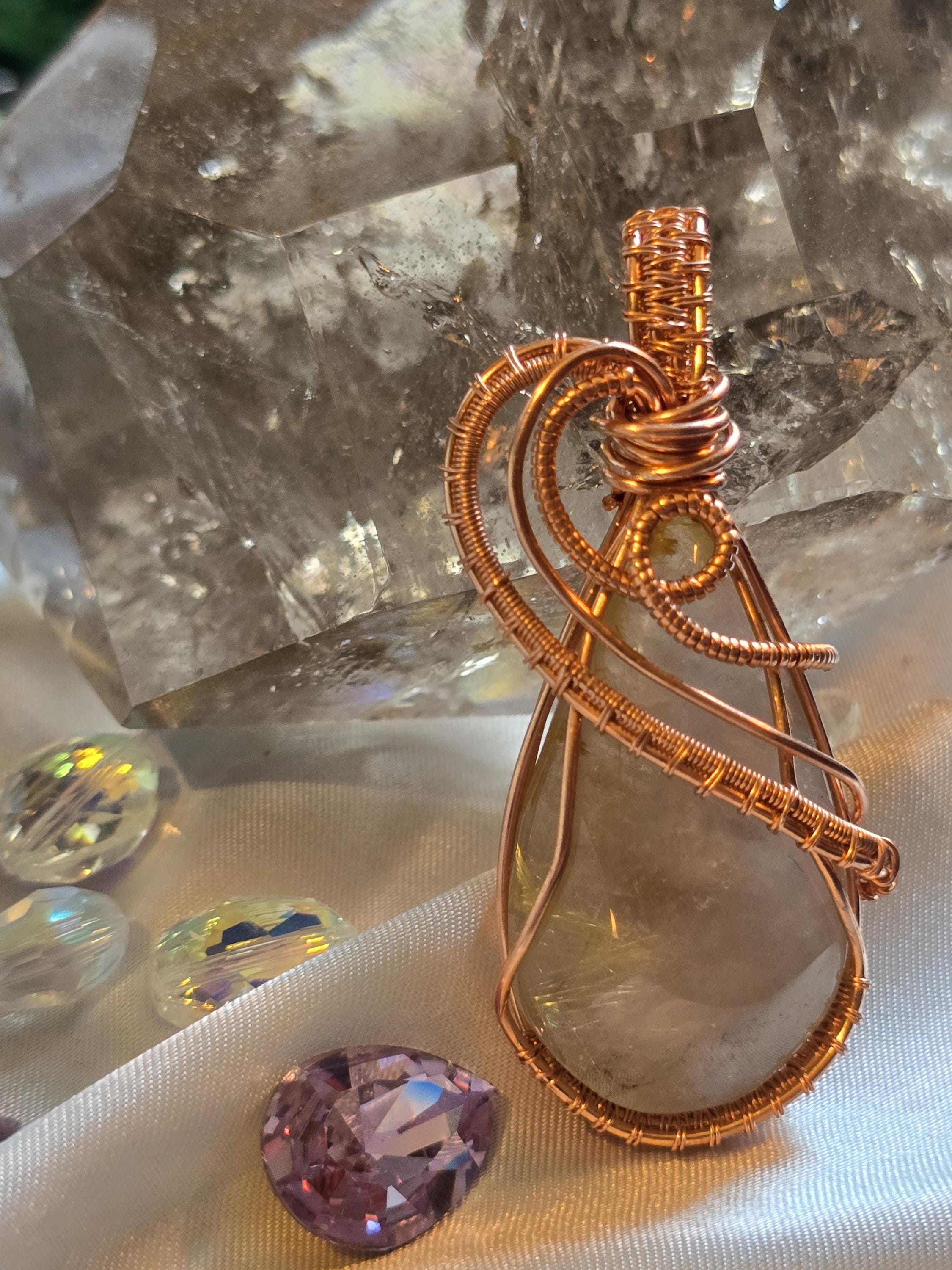 Hand-crafted Wire Wrapped Golden Rutilated Quartz Crystal Pendant
