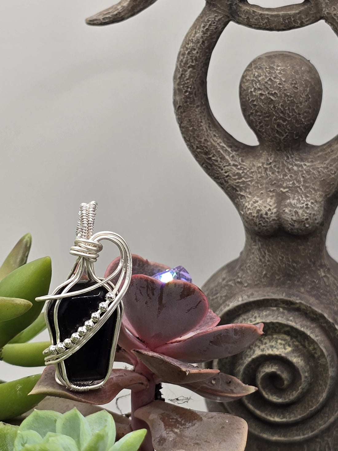 Hand-crafted Wire Wrapped Obsidian Crystal Coffin Pendant