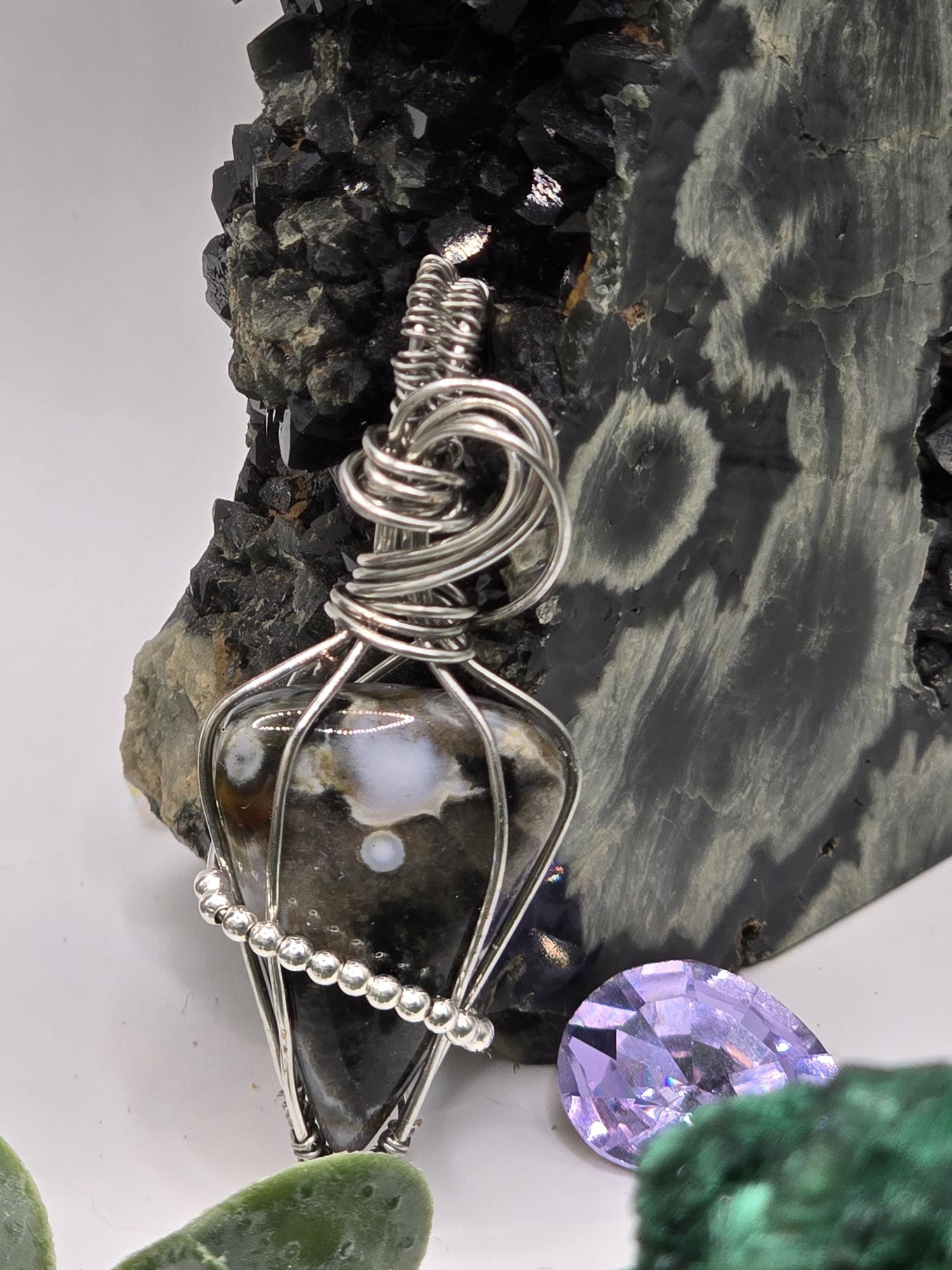 Hand-crafted Wire Wrapped Orbicular Ocean Jasper Crystal Pendant