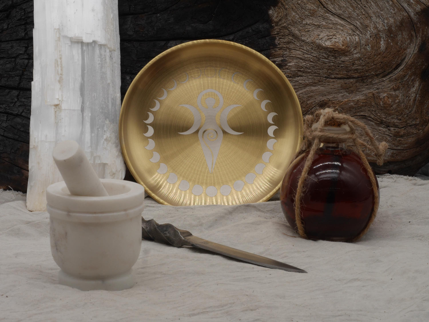 Triple Goddess Altar Tray: Gold &amp; Silver Moon Phases Plate