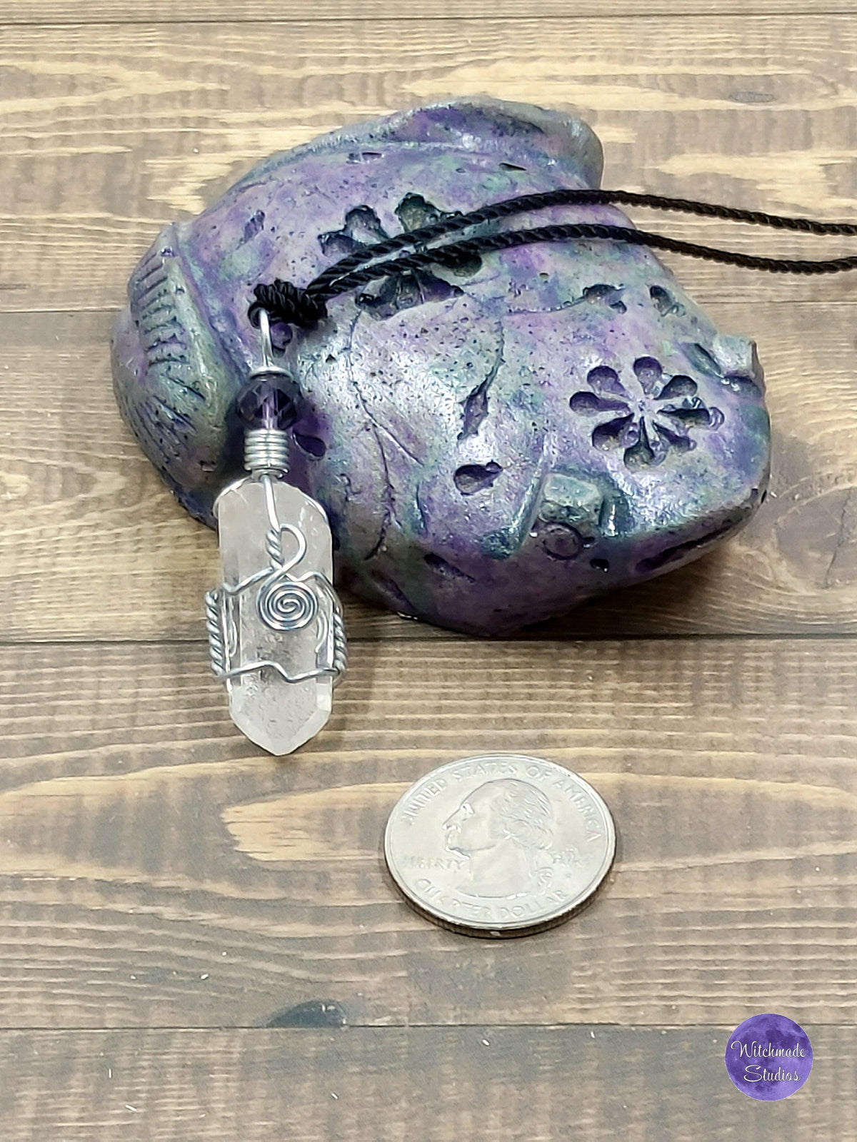 Clear Quartz Wire Wrap Crystal Necklace, Copper Metaphysical JewelryJN79