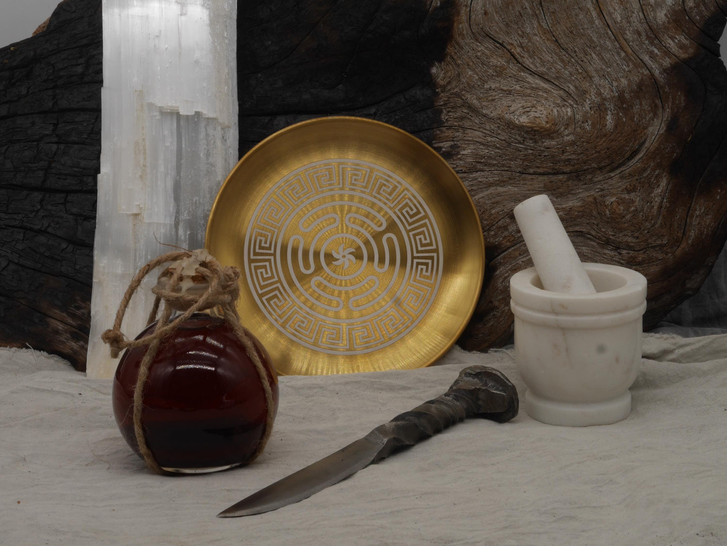 Gold Tone Strophalos of Hecate Altar Tray: Engraved Greek Key Stainless Steel