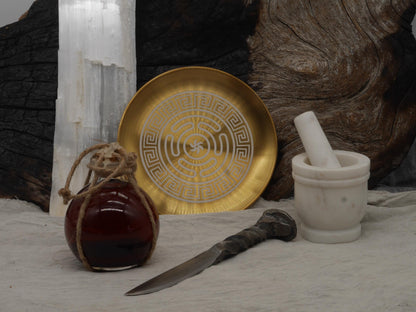 Gold Tone Strophalos of Hecate Altar Tray: Engraved Greek Key Stainless Steel