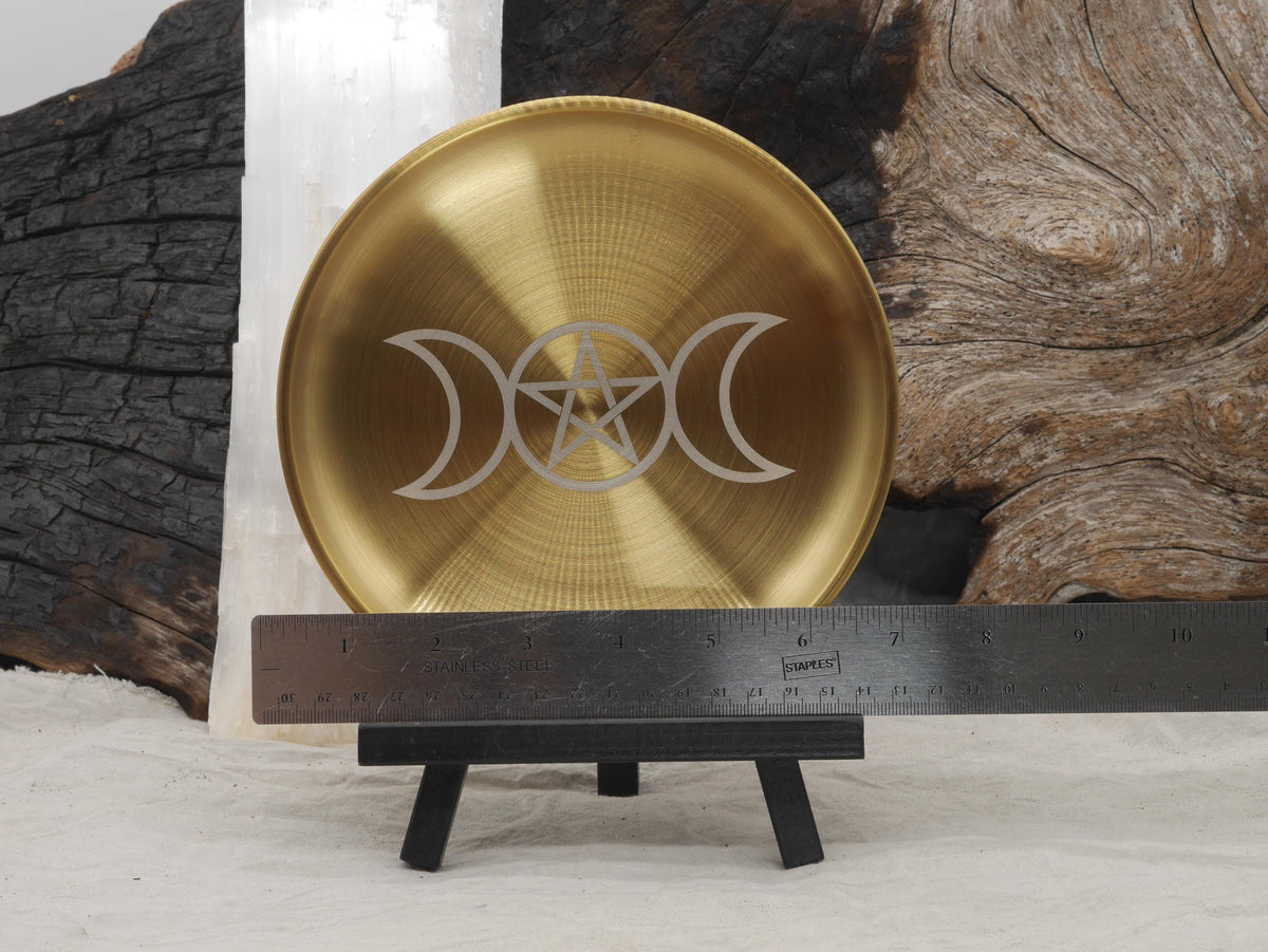 Gold Tone Triple Goddess Altar Tray: Pentacle Stainless Steel Offering Plate