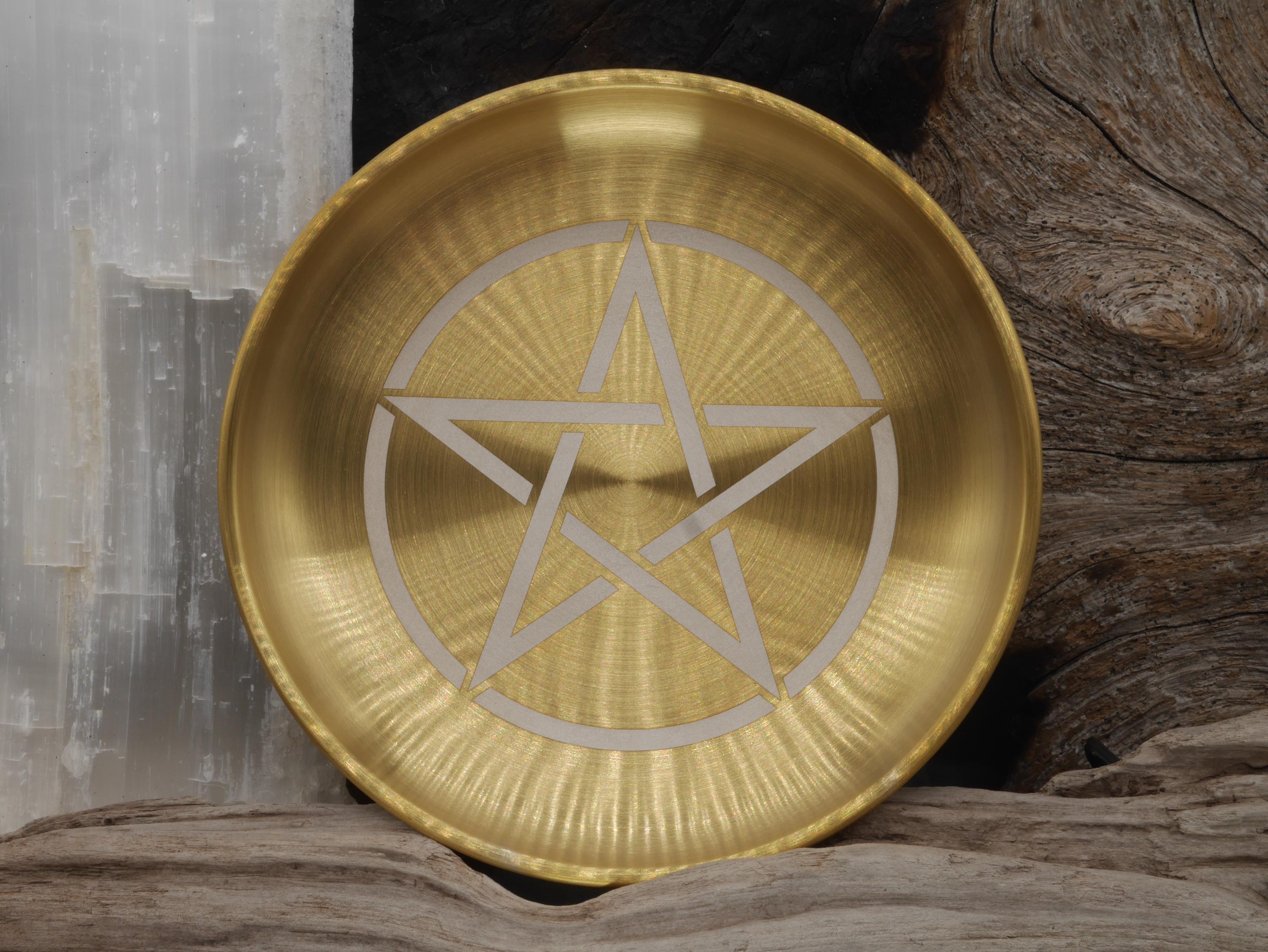 Gold Tone Pentacle Altar Tray: Engraved Stainless Steel Offering Plate
