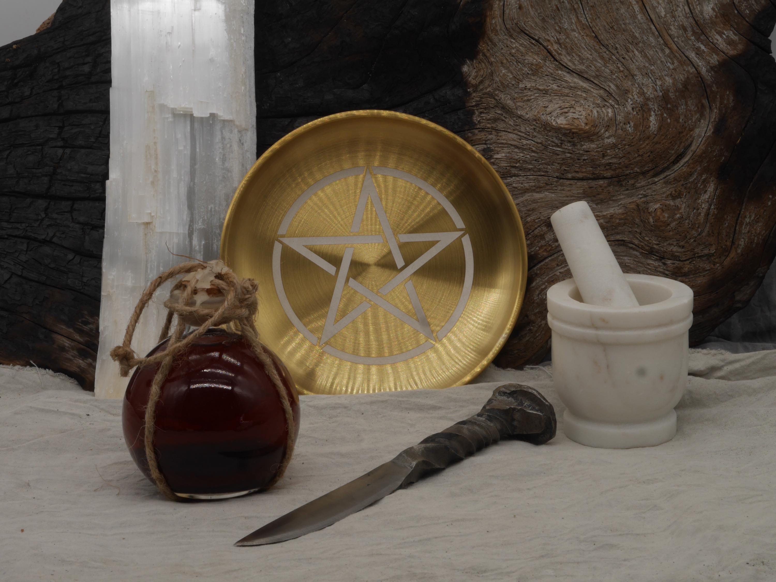 Gold Tone Pentacle Altar Tray: Engraved Stainless Steel Offering Plate