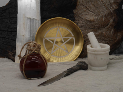 Gold Tone Pentacle Altar Tray: Engraved Stainless Steel Offering Plate