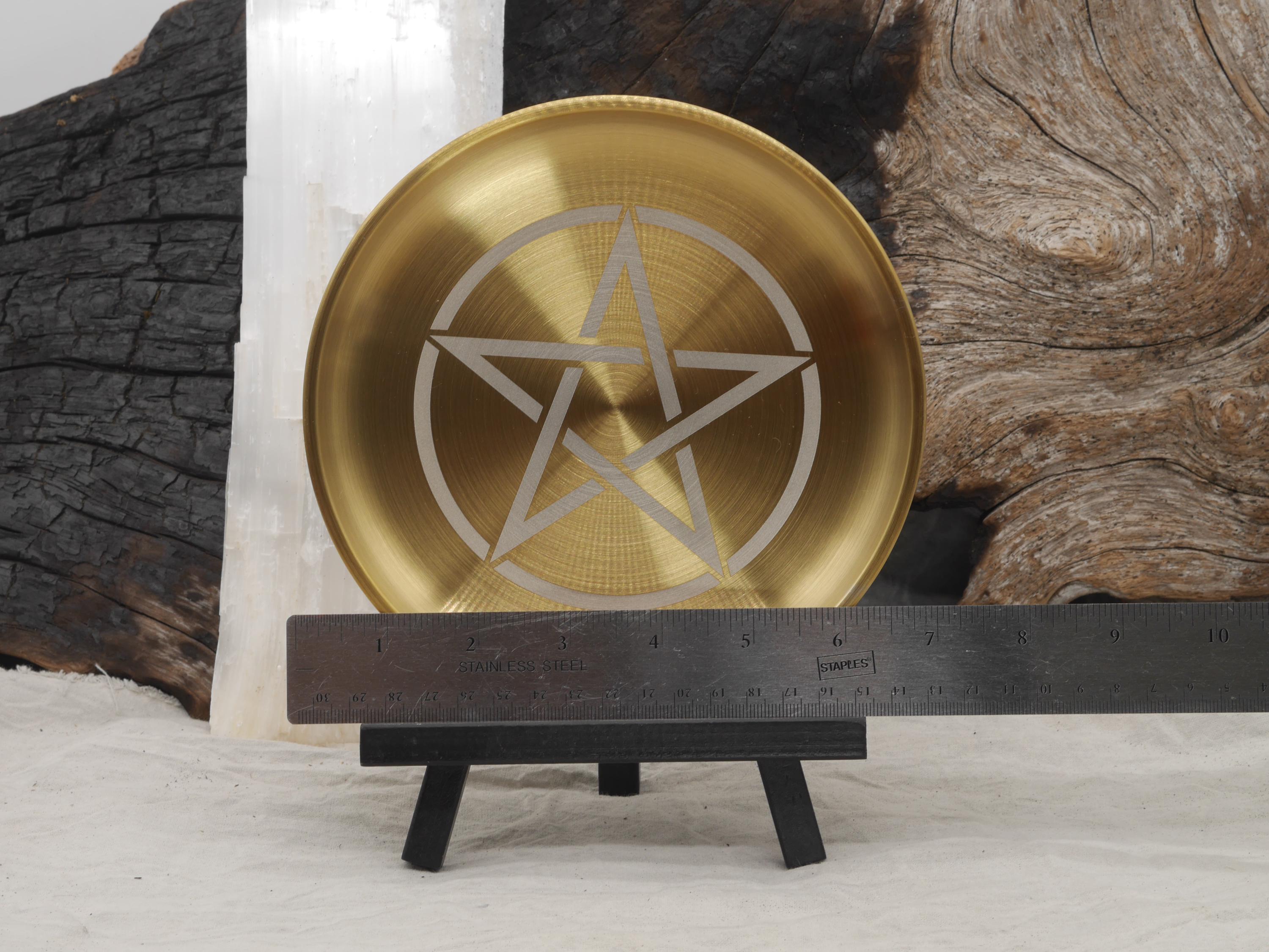 Gold Tone Pentacle Altar Tray: Engraved Stainless Steel Offering Plate