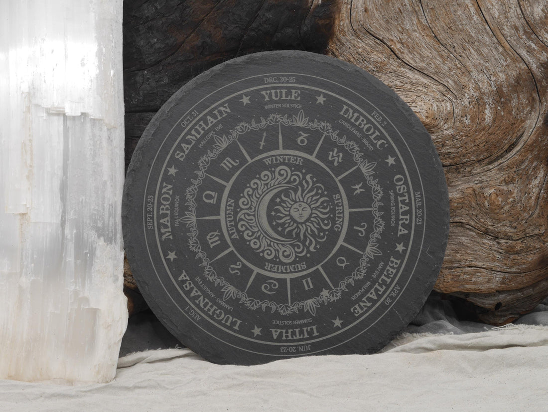 Engraved Slate Wheel of the Year: Pagan Altar Tray - Wiccan Sabbats