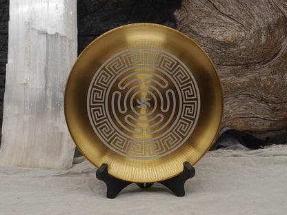Gold Tone Strophalos of Hecate Altar Tray: Engraved Greek Key Stainless Steel
