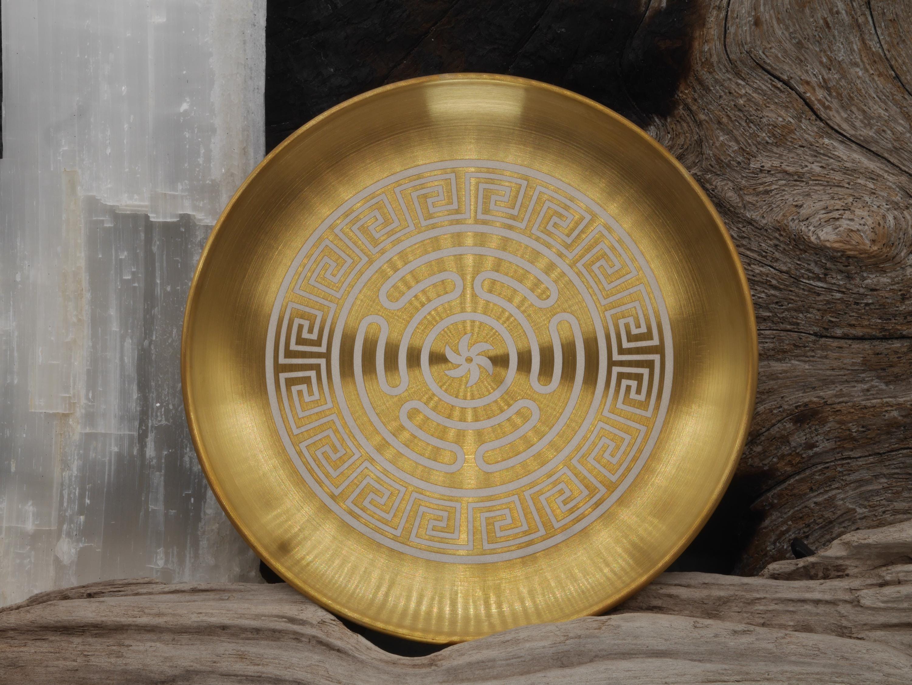 Gold Tone Strophalos of Hecate Altar Tray: Engraved Greek Key Stainless Steel
