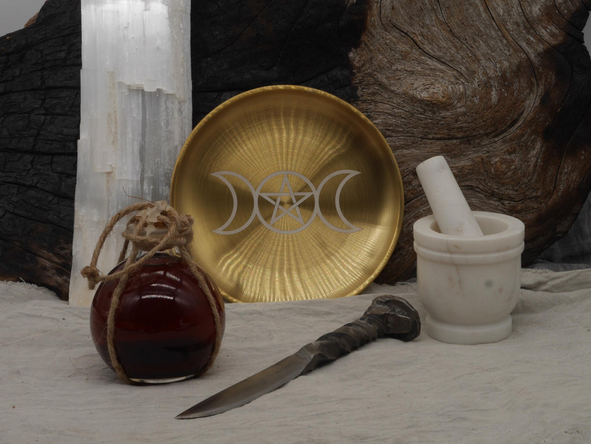 Gold Tone Triple Goddess Altar Tray: Pentacle Stainless Steel Offering Plate