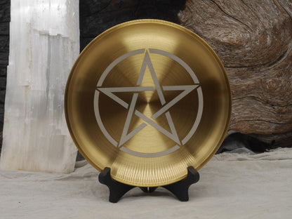 Gold Tone Pentacle Altar Tray: Engraved Stainless Steel Offering Plate