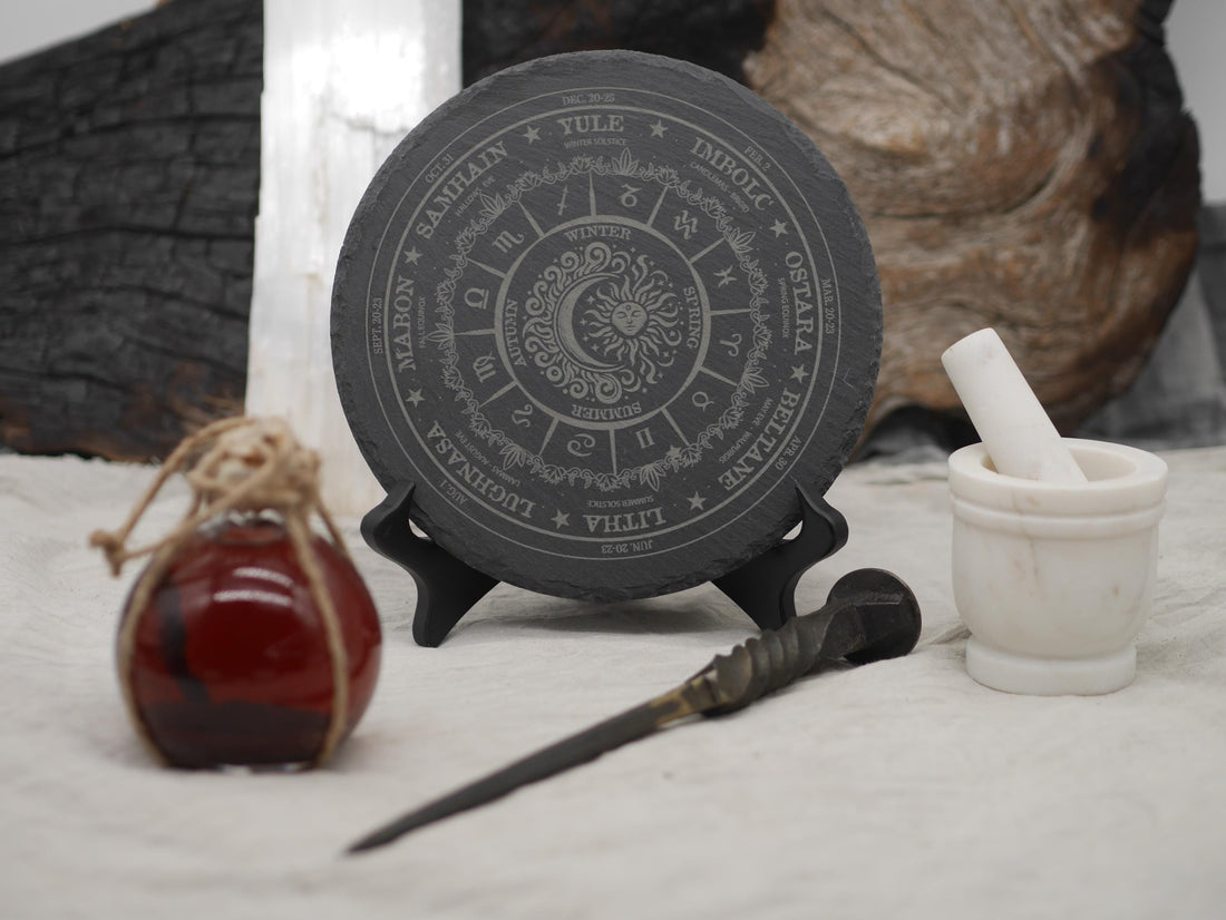 Engraved Slate Wheel of the Year: Pagan Altar Tray - Wiccan Sabbats