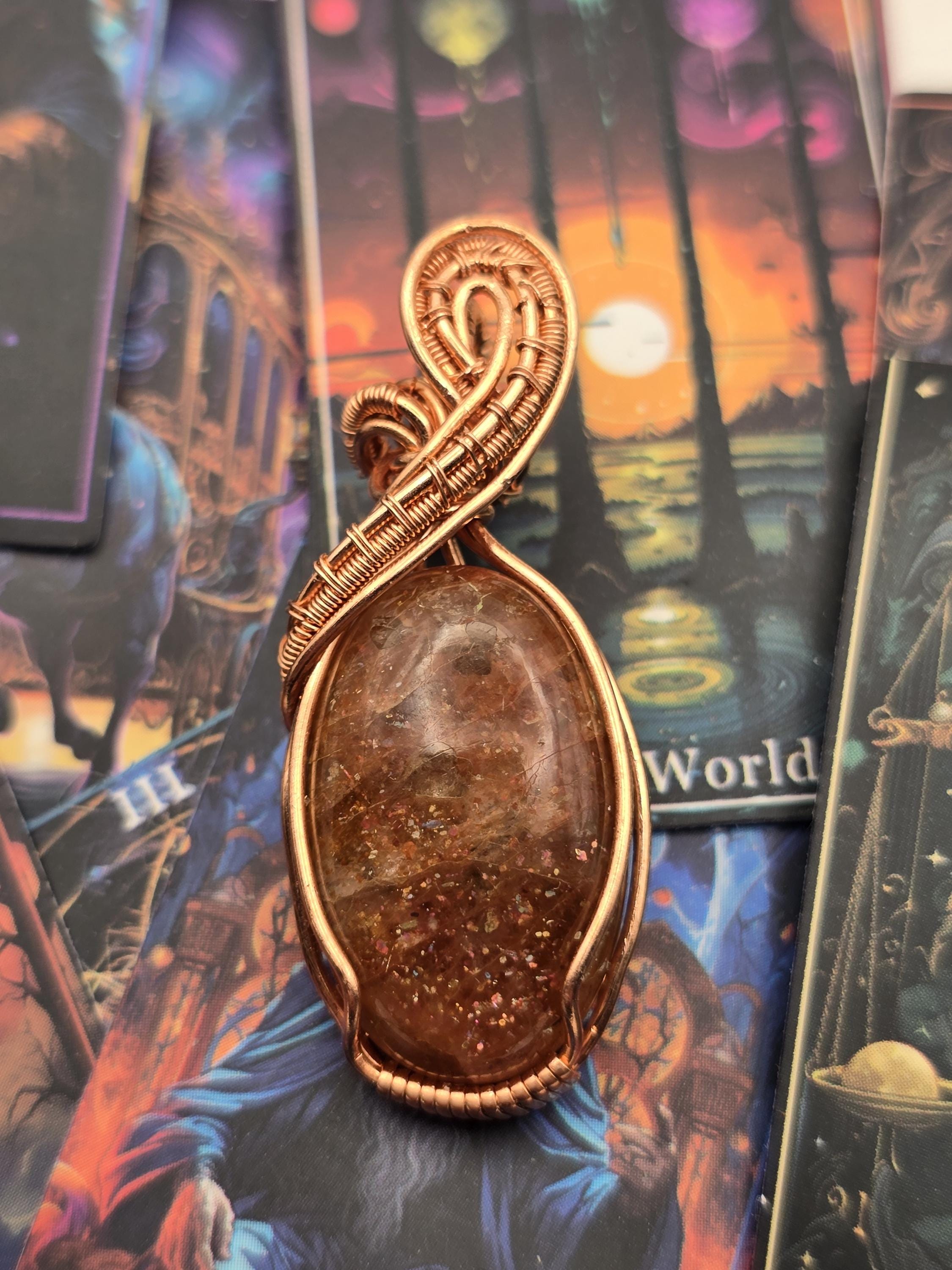 Hand-crafted Wire Wrapped Confetti Sunstone Crystal Pendant