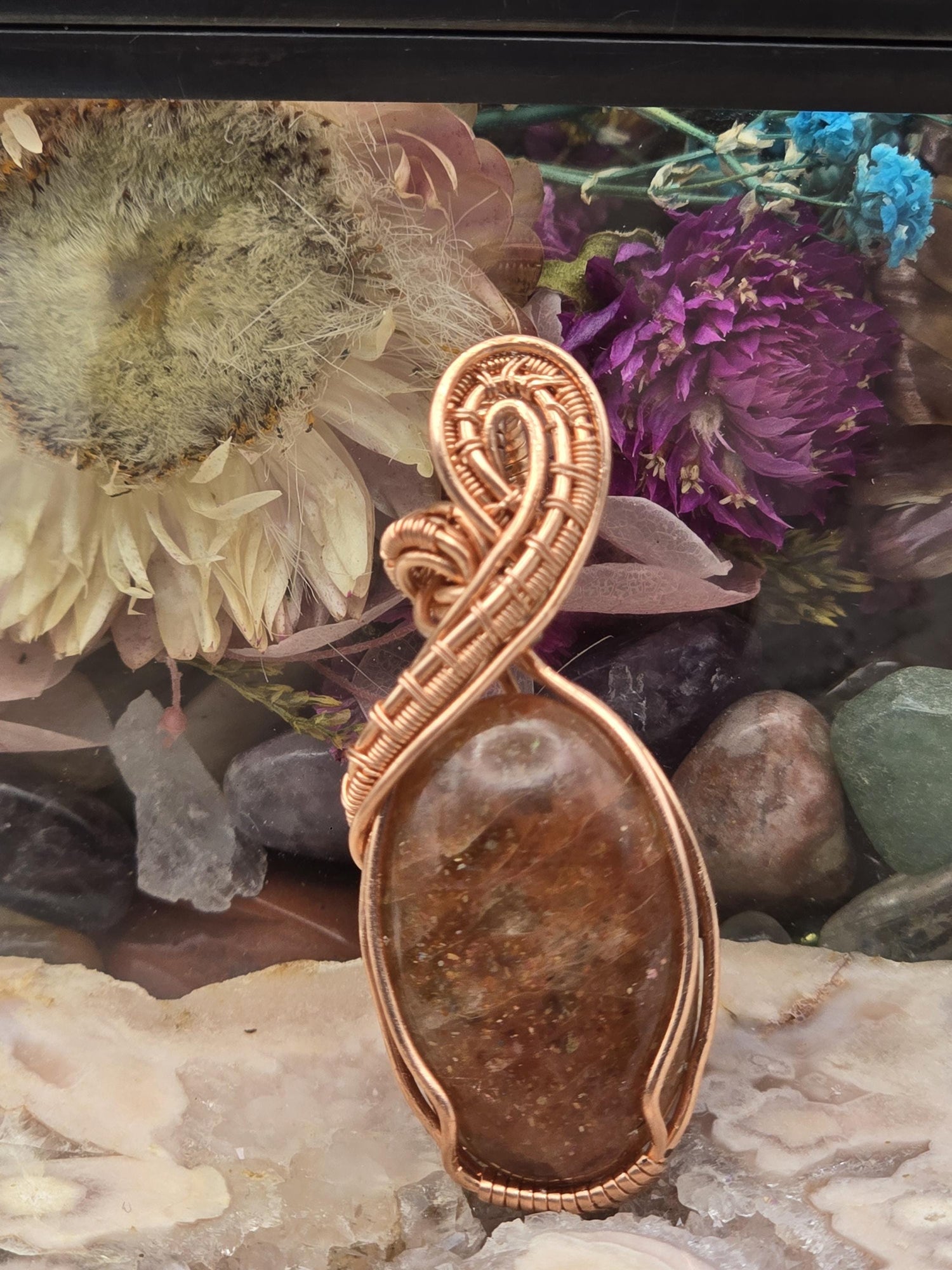 Hand-crafted Wire Wrapped Confetti Sunstone Crystal Pendant