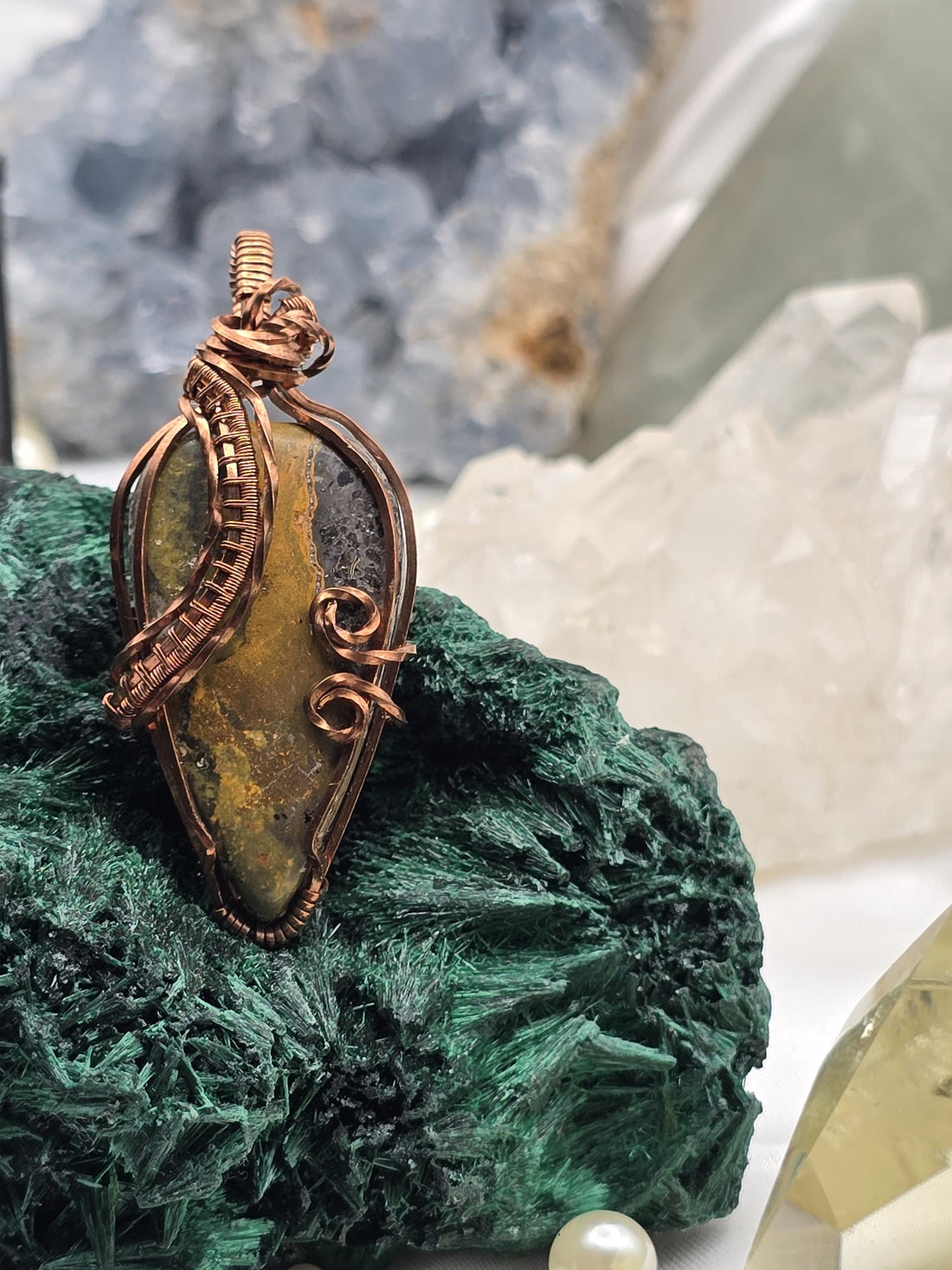 Hand-crafted Wire Wrapped Bumblebee Jasper Teardrop Pendant