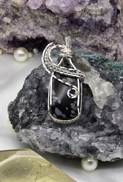 Hand-crafted Wire Wrapped Snowflake Obsidian Crystal Pendant