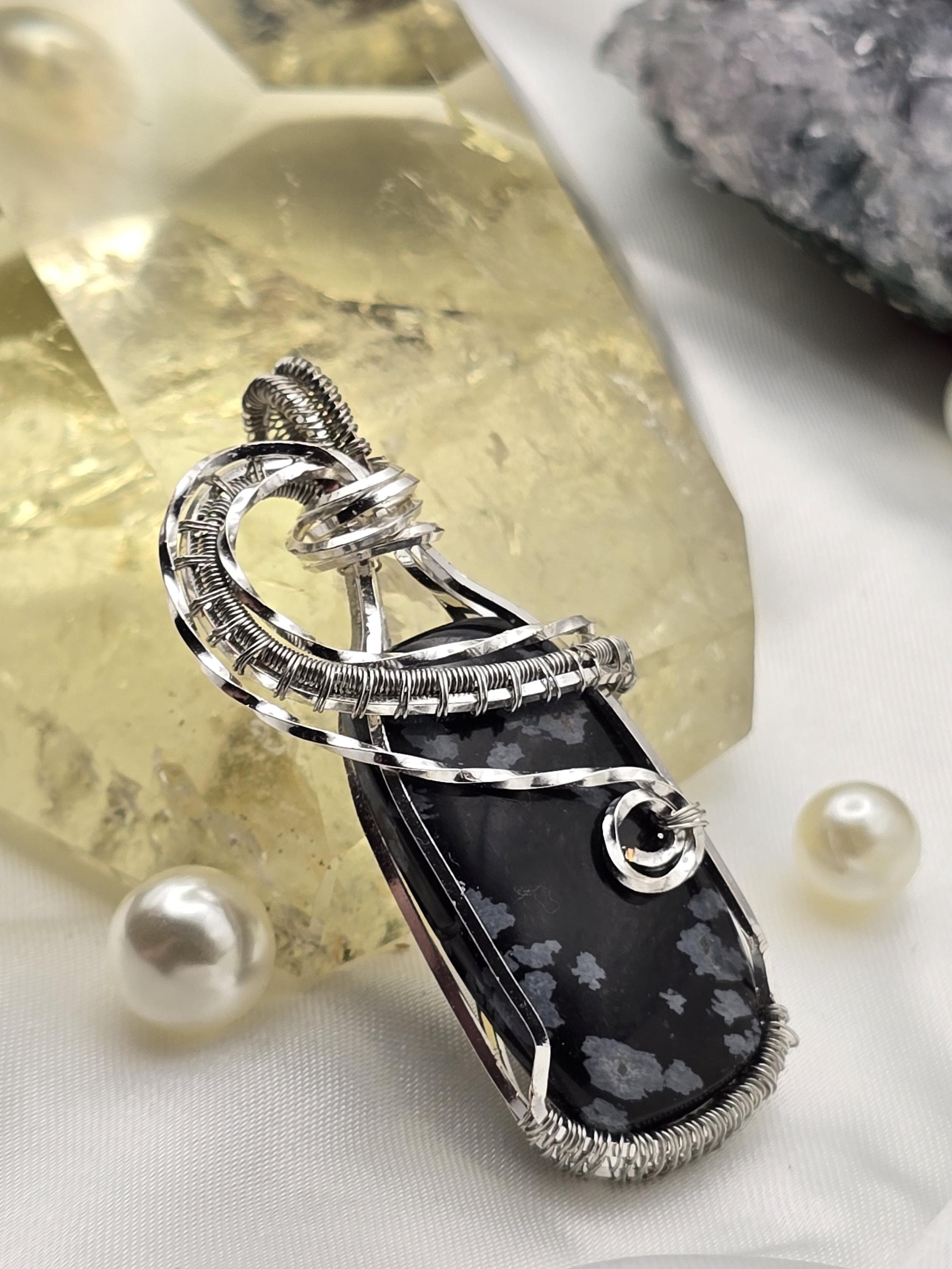 Hand-crafted Wire Wrapped Snowflake Obsidian Crystal Pendant