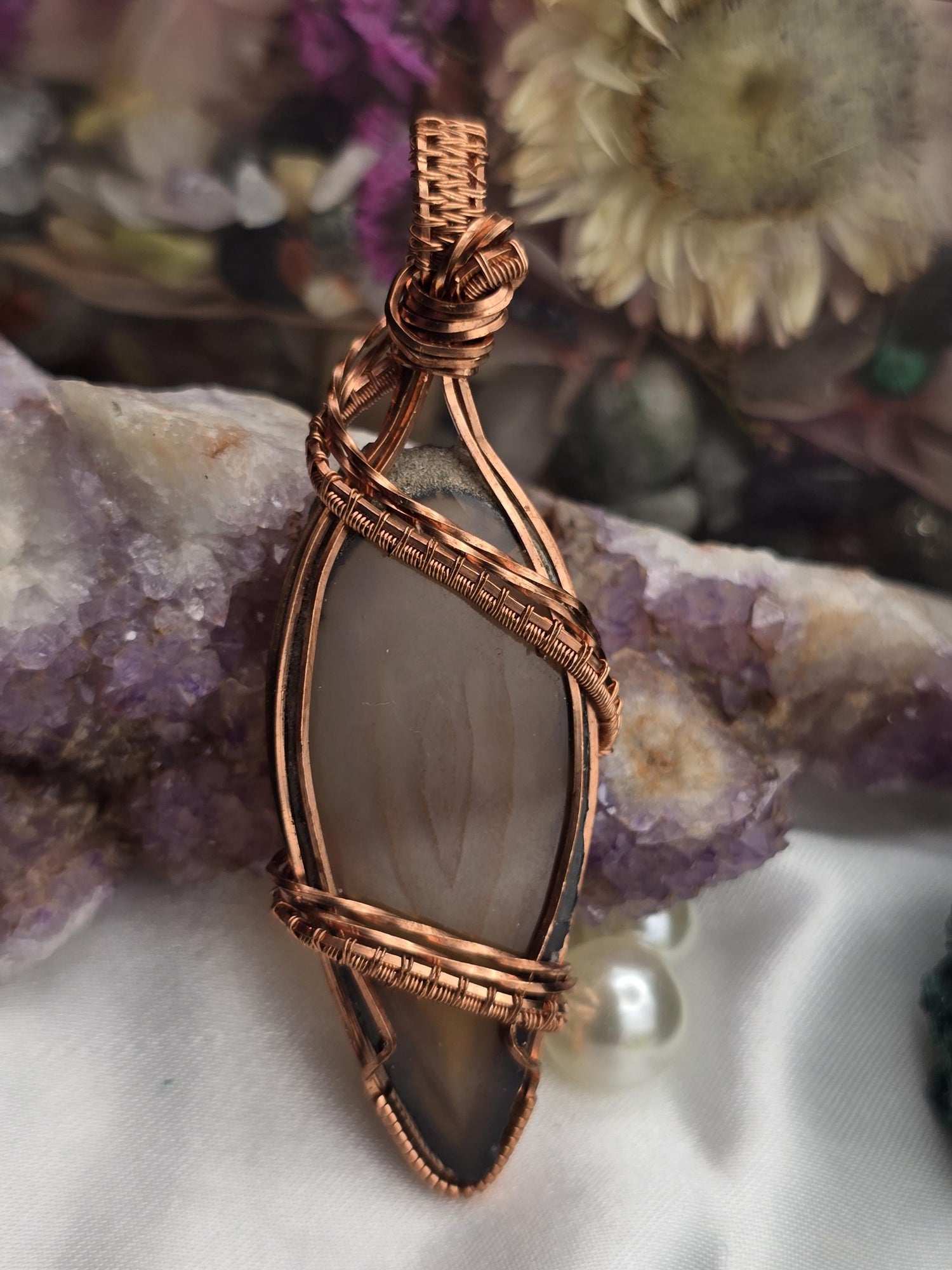 Hand-crafted Wire Wrapped Natural Brown Agate Slice Crystal Pendant