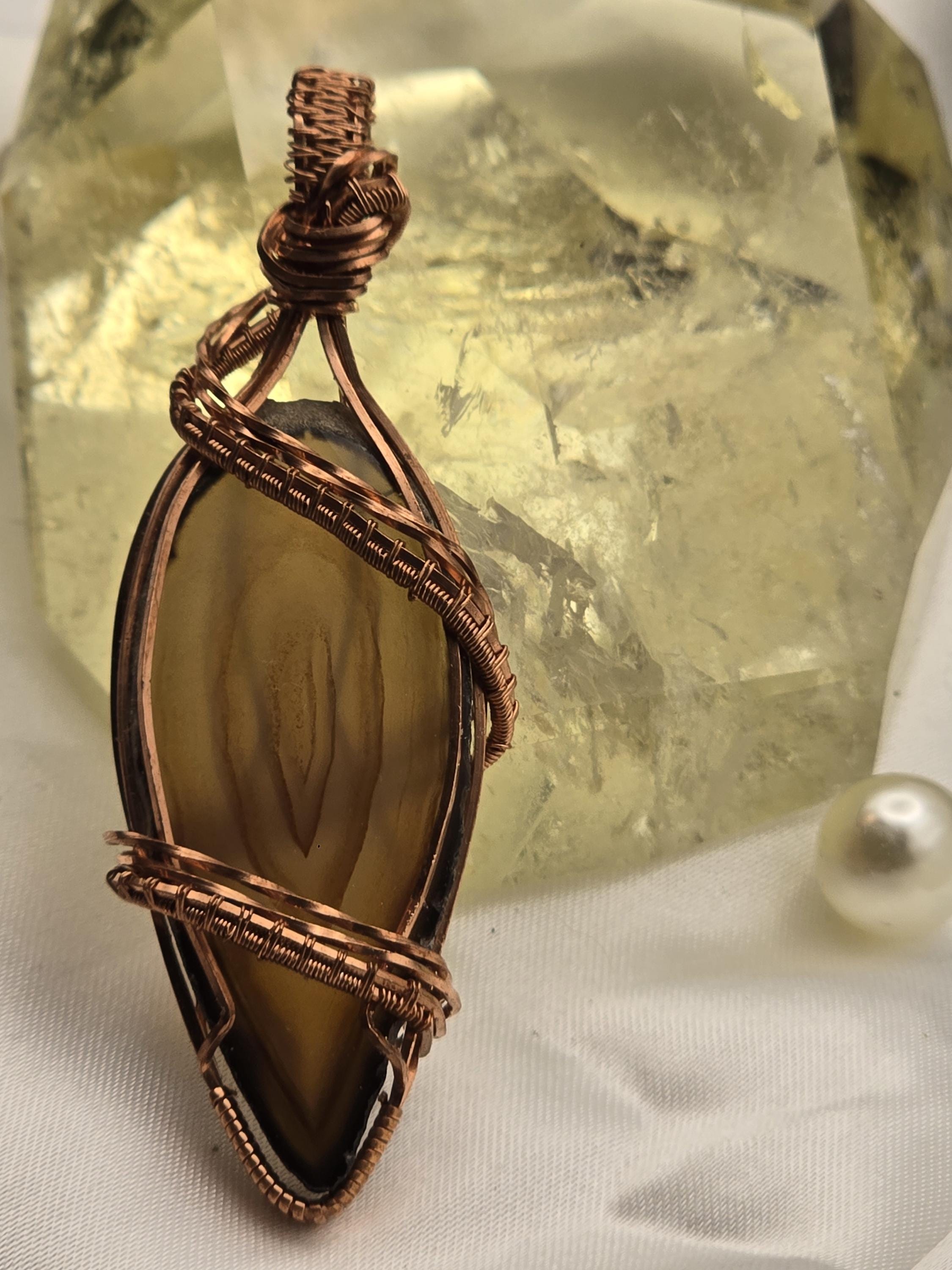 Hand-crafted Wire Wrapped Natural Brown Agate Slice Crystal Pendant