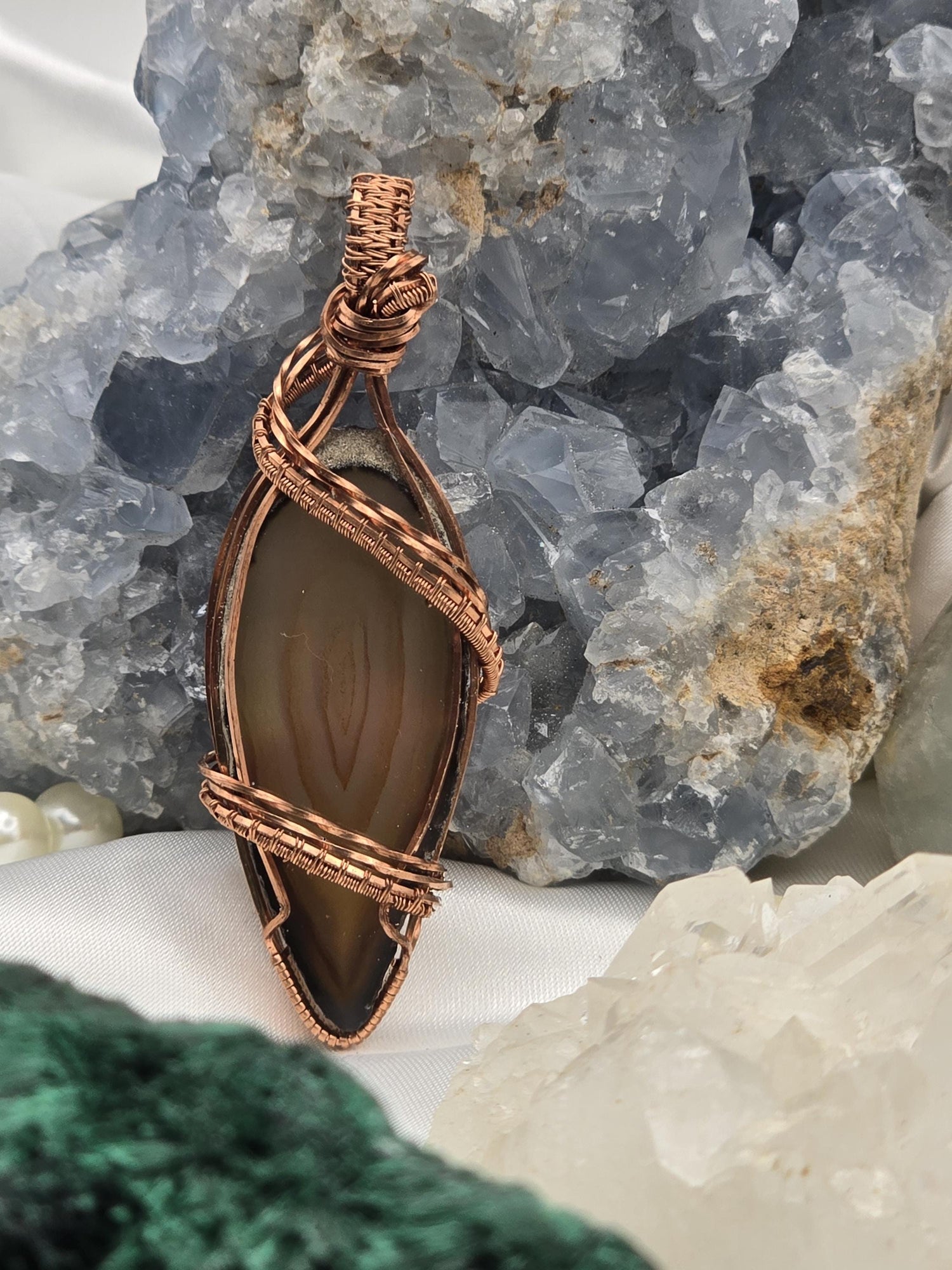 Hand-crafted Wire Wrapped Natural Brown Agate Slice Crystal Pendant