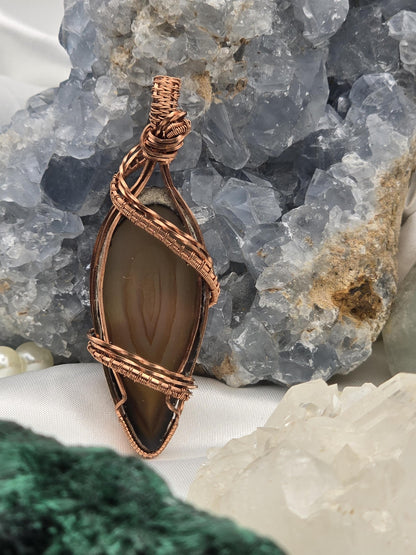 Hand-crafted Wire Wrapped Natural Brown Agate Slice Crystal Pendant