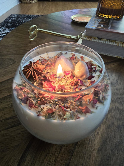 Love Attraction Intention Candle: Rose Quartz, Carnelian, Herbs, Flowers