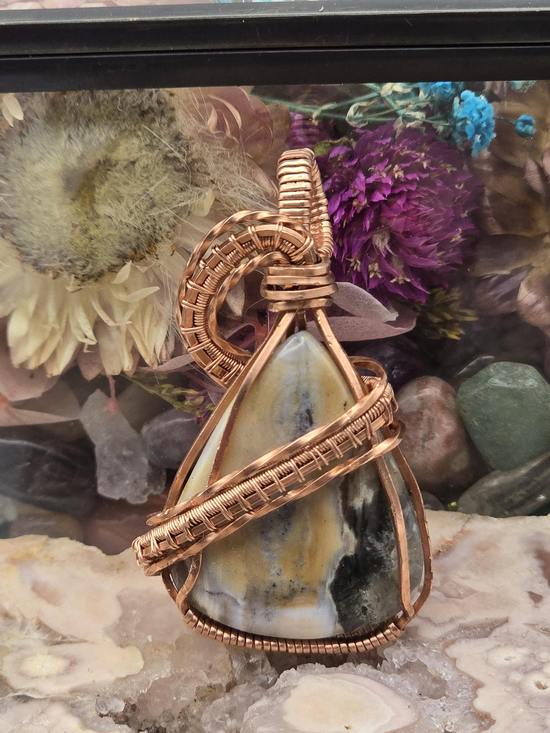 Hand-crafted Wire Wrapped Orbicular Ocean Jasper Crystal Pendant