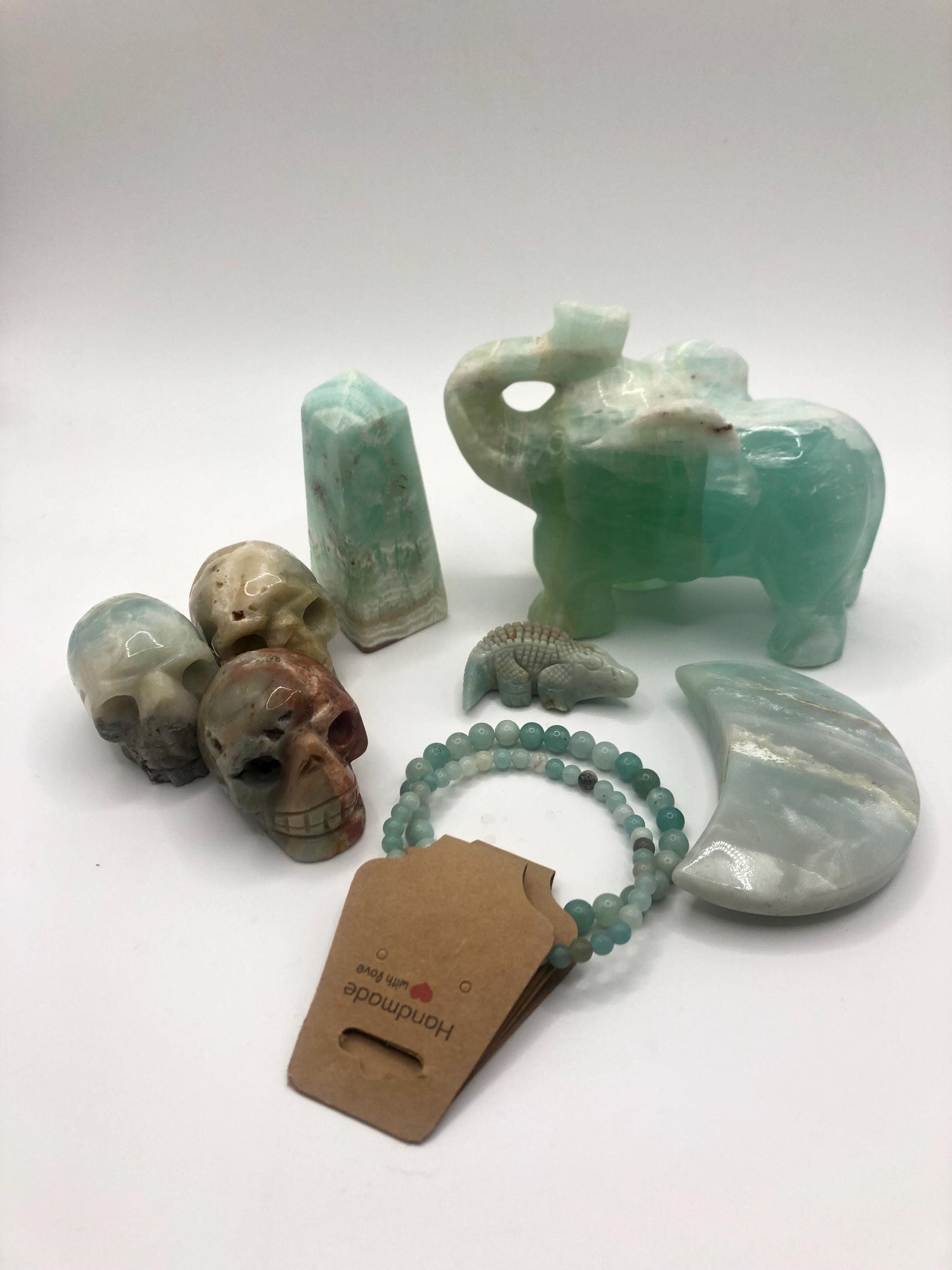 Caribbean Calcite Crystal Carvings: Elephant, Skull, Moon &amp; More