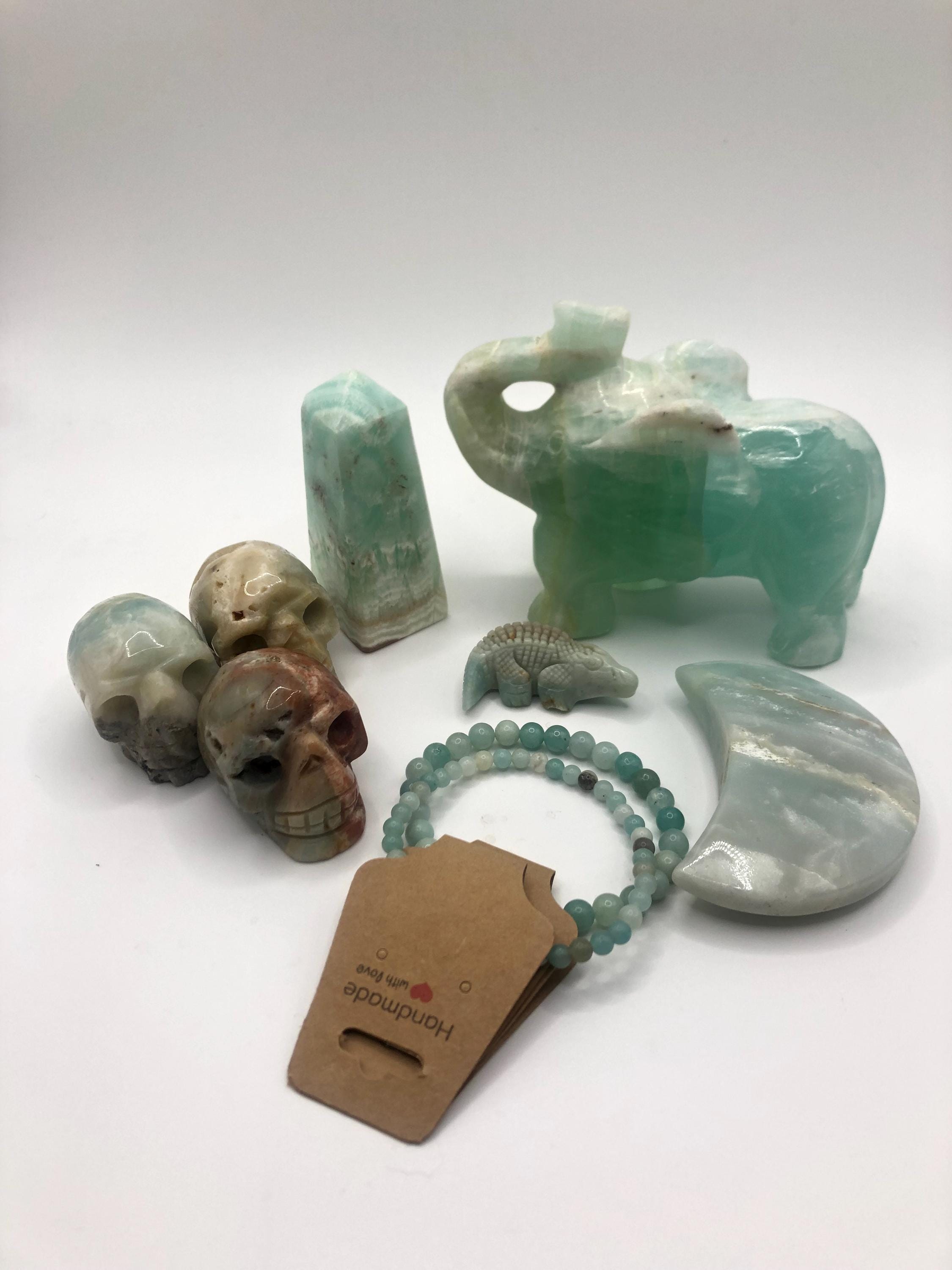 Caribbean Calcite Crystal Carvings: Elephant, Skull, Moon &amp; More