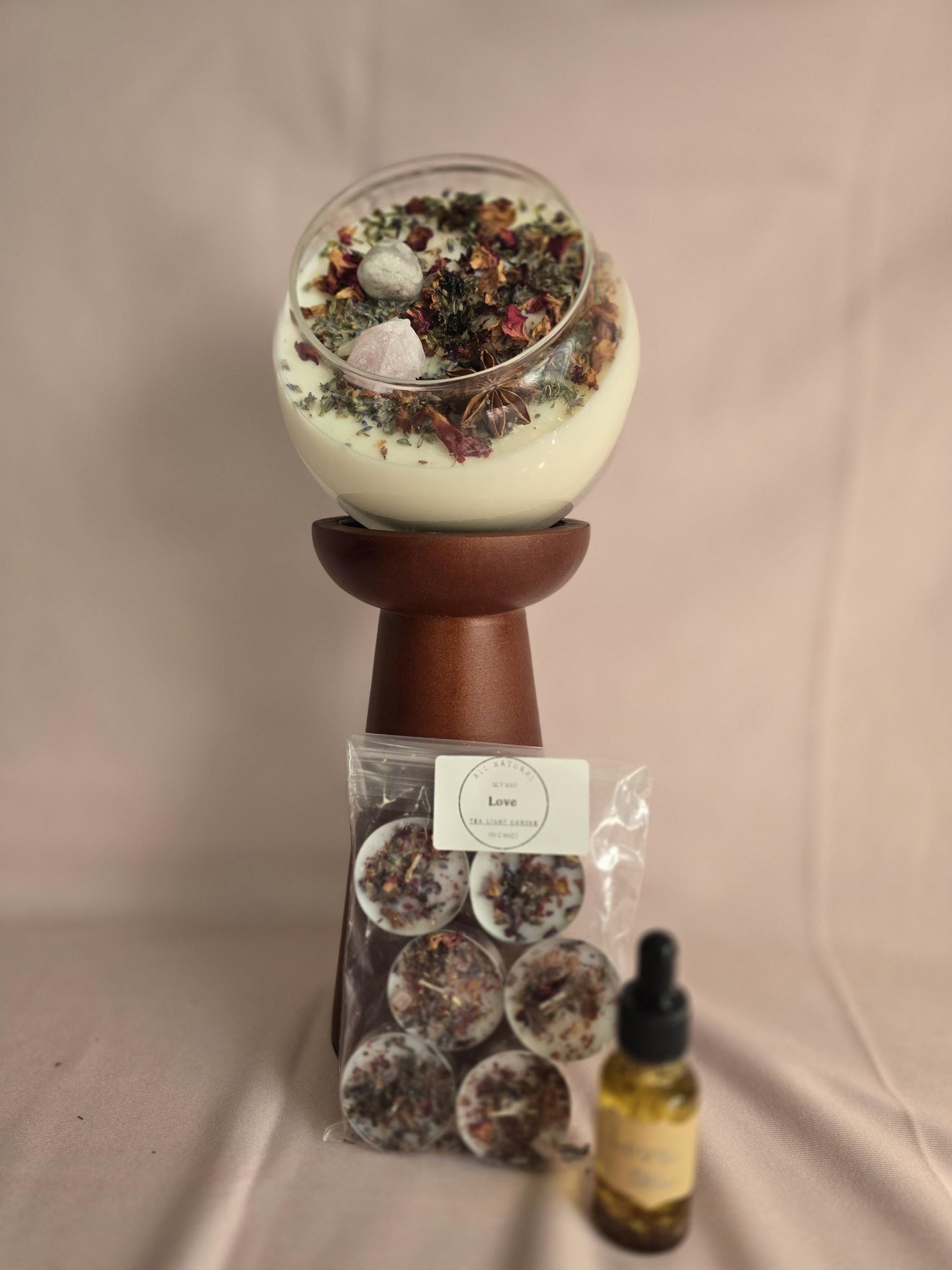 Love Attraction Intention Candle: Rose Quartz, Carnelian, Herbs, Flowers