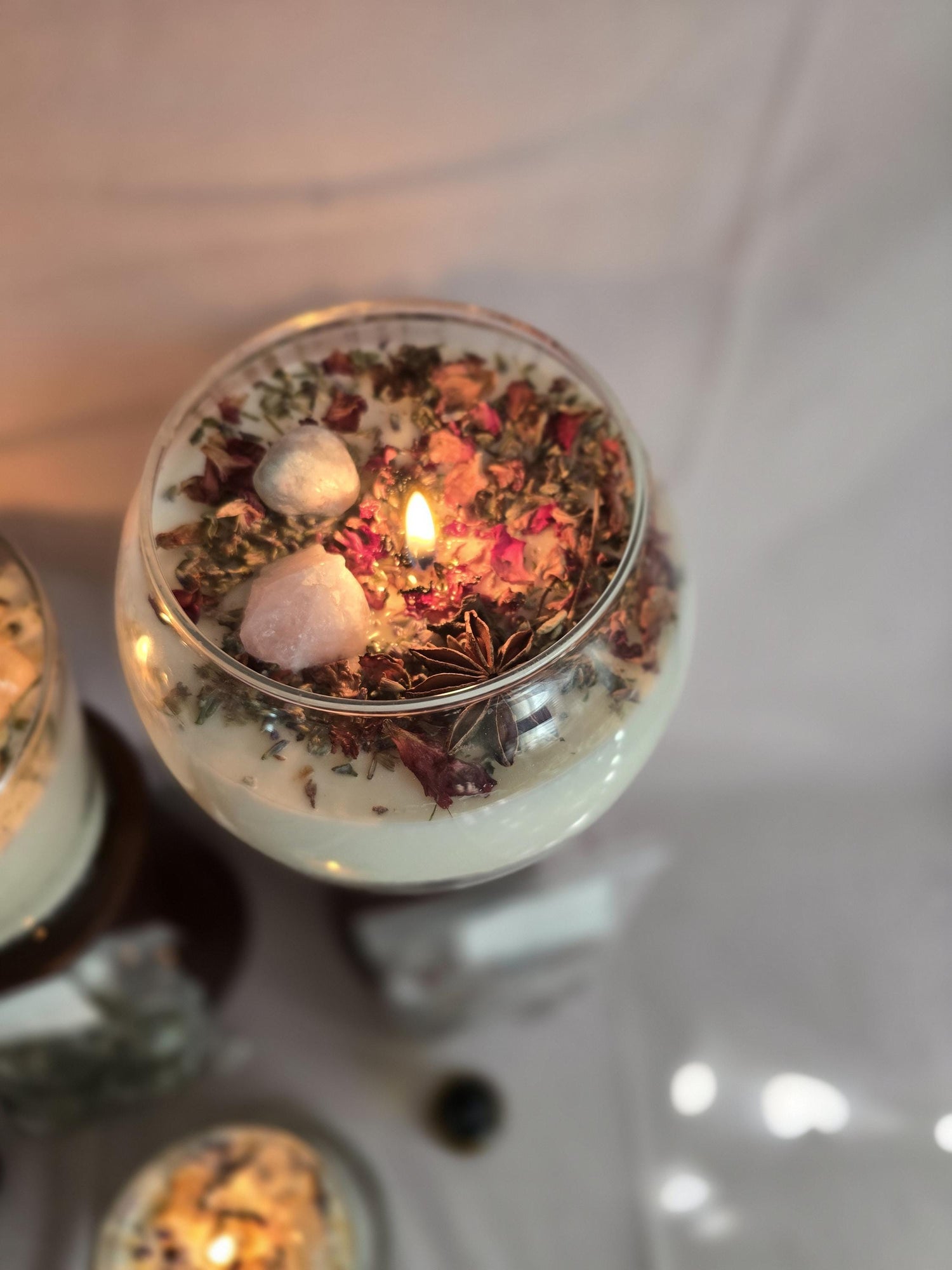 Love Attraction Intention Candle: Rose Quartz, Carnelian, Herbs, Flowers