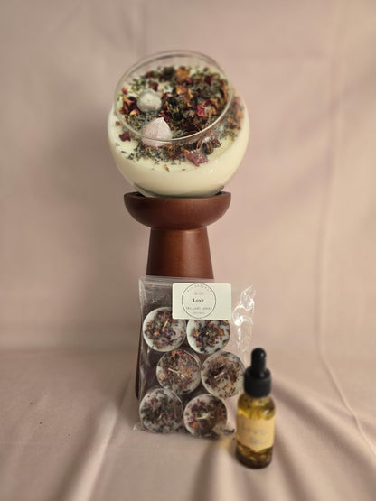 Love Attraction Intention Candle: Rose Quartz, Carnelian, Herbs, Flowers