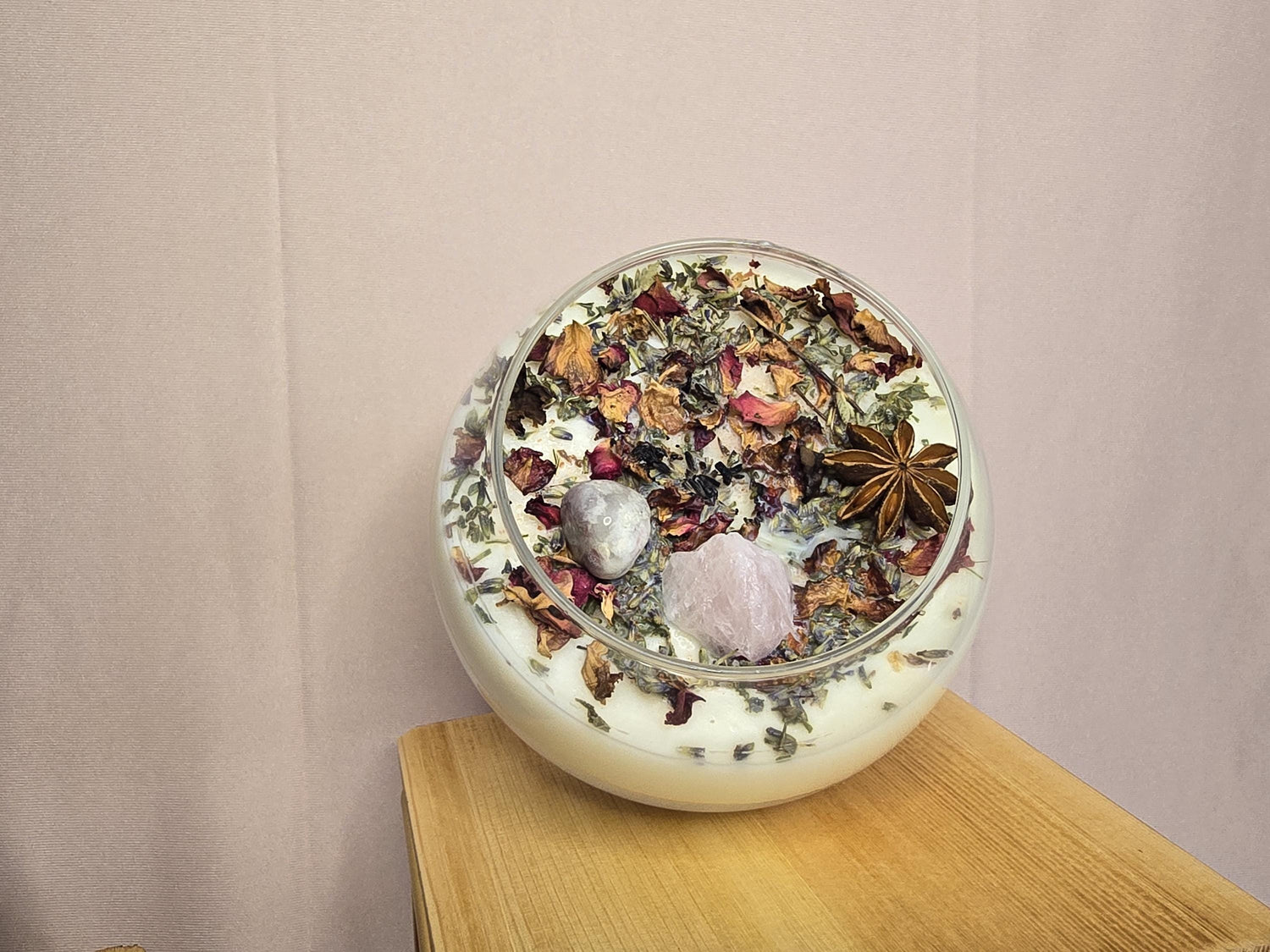 Love Attraction Intention Candle: Rose Quartz, Carnelian, Herbs, Flowers