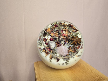 Love Attraction Intention Candle: Rose Quartz, Carnelian, Herbs, Flowers