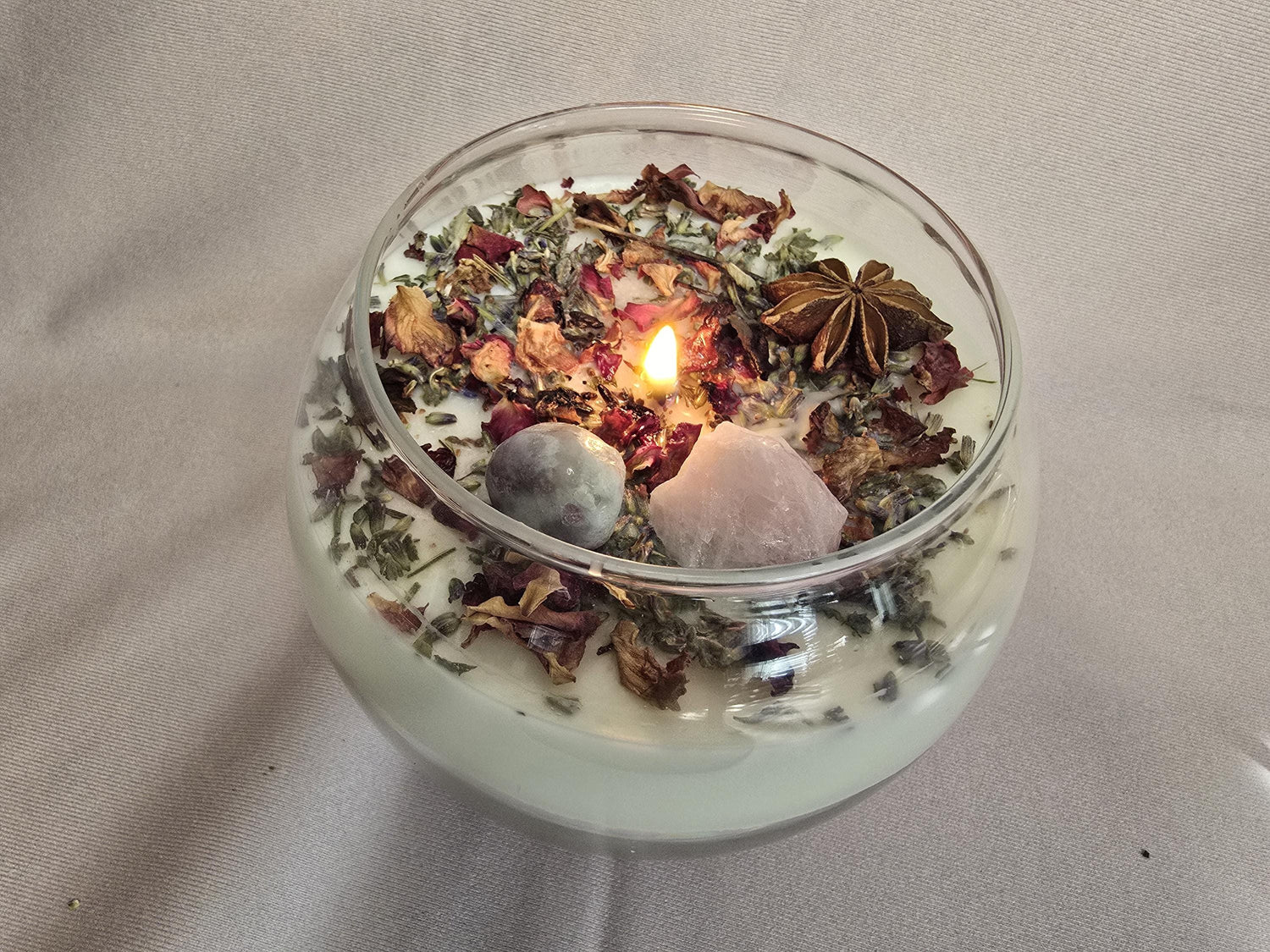 Love Attraction Intention Candle: Rose Quartz, Carnelian, Herbs, Flowers