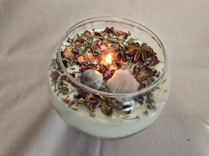 Love Attraction Intention Candle: Rose Quartz, Carnelian, Herbs, Flowers