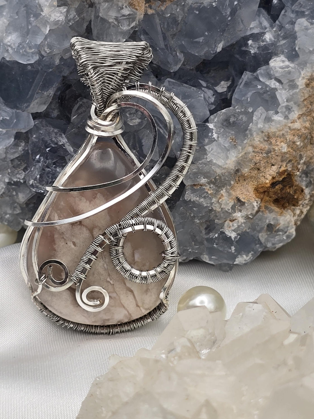 Hand-crafted Wire Wrapped Flower Agate Crystal Pendant