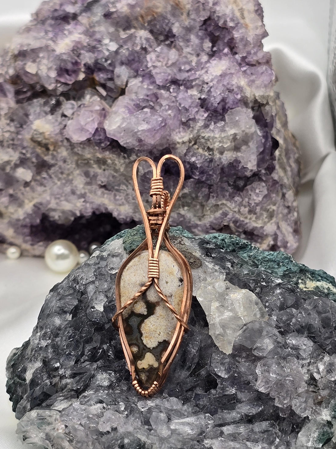 Hand-crafted Wire Wrapped Orbicular Ocean Jasper Crystal Pendant